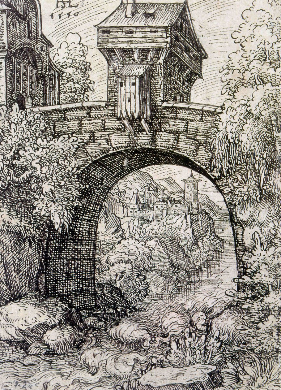 Krajina s mostní bránou a vodou, cca 1550 (lept) od Hanns Sebald Lautensack