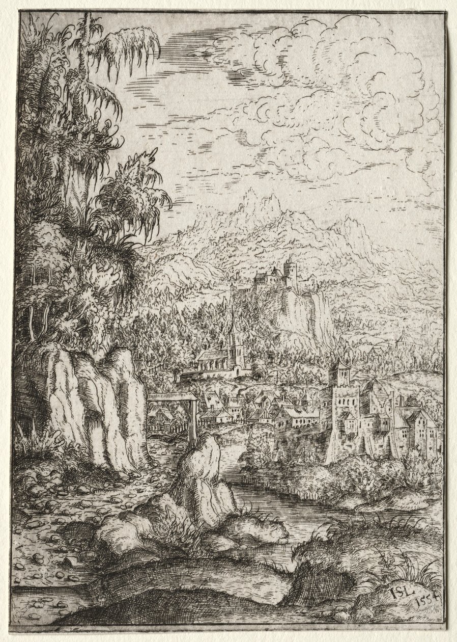 Krajina s cestou k hradu na ostrově v řece, 1554. od Hanns Sebald Lautensack