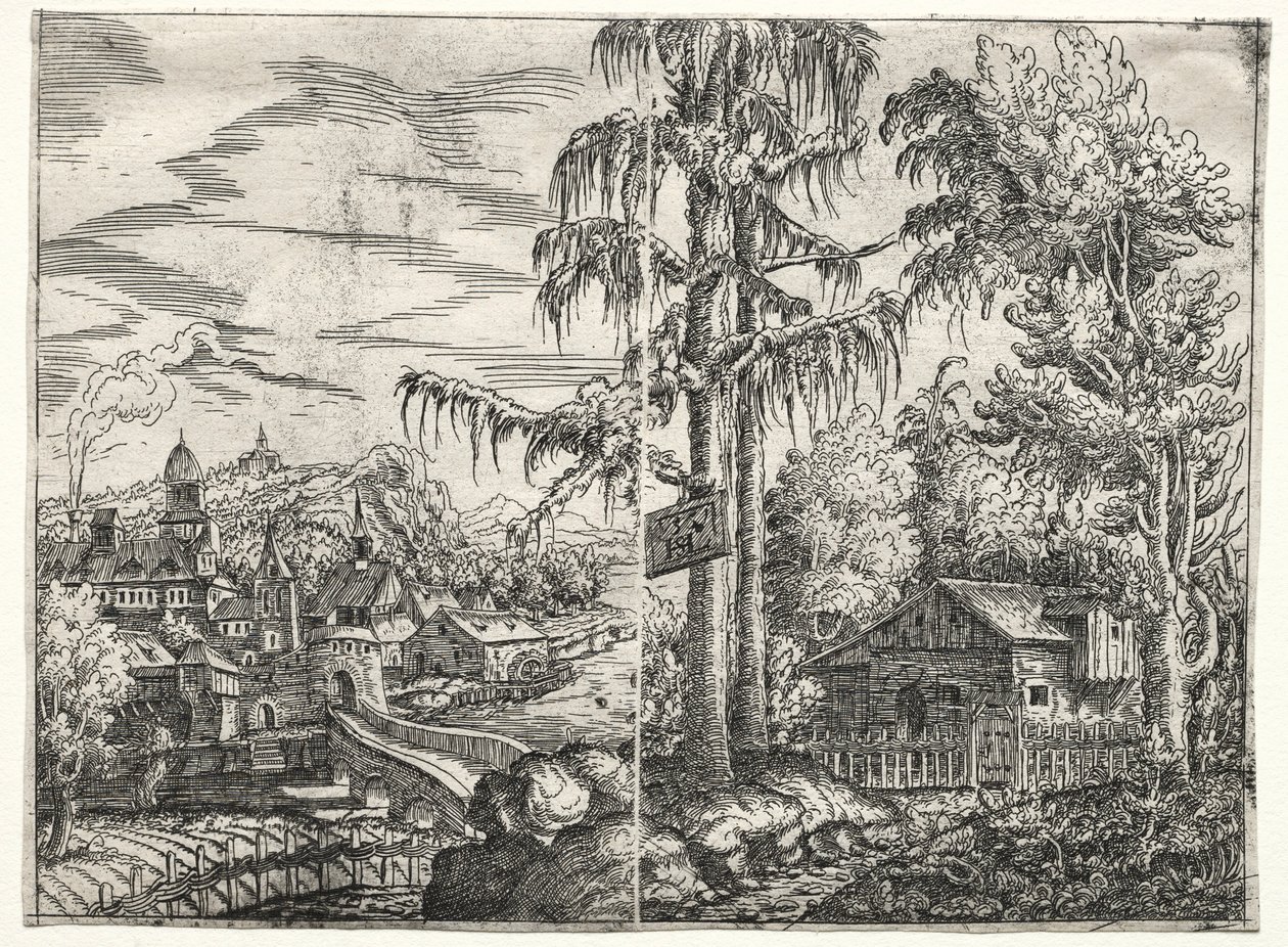 Krajina s městem na řece a chatou mezi stromy, 1551. od Hanns Sebald Lautensack