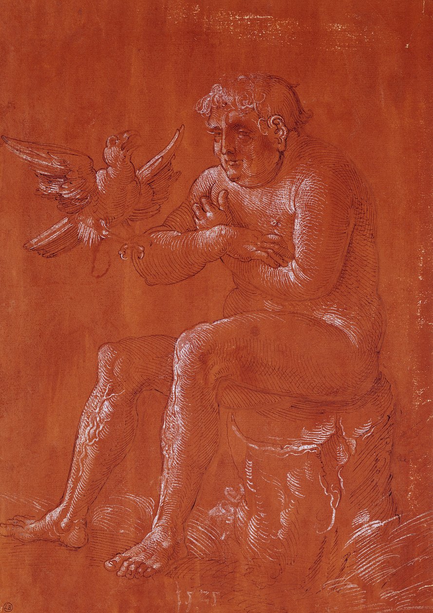 Nahý muž sedící na kmeni stromu a poslouchal papouška od Hans Baldung Grien