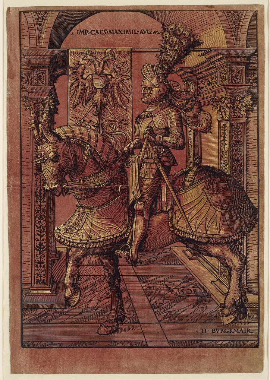 Císař Maxmilián I., ozbrojený na koni, 1508 (chiaroscurní dřevoryt) od Hans Burgkmair