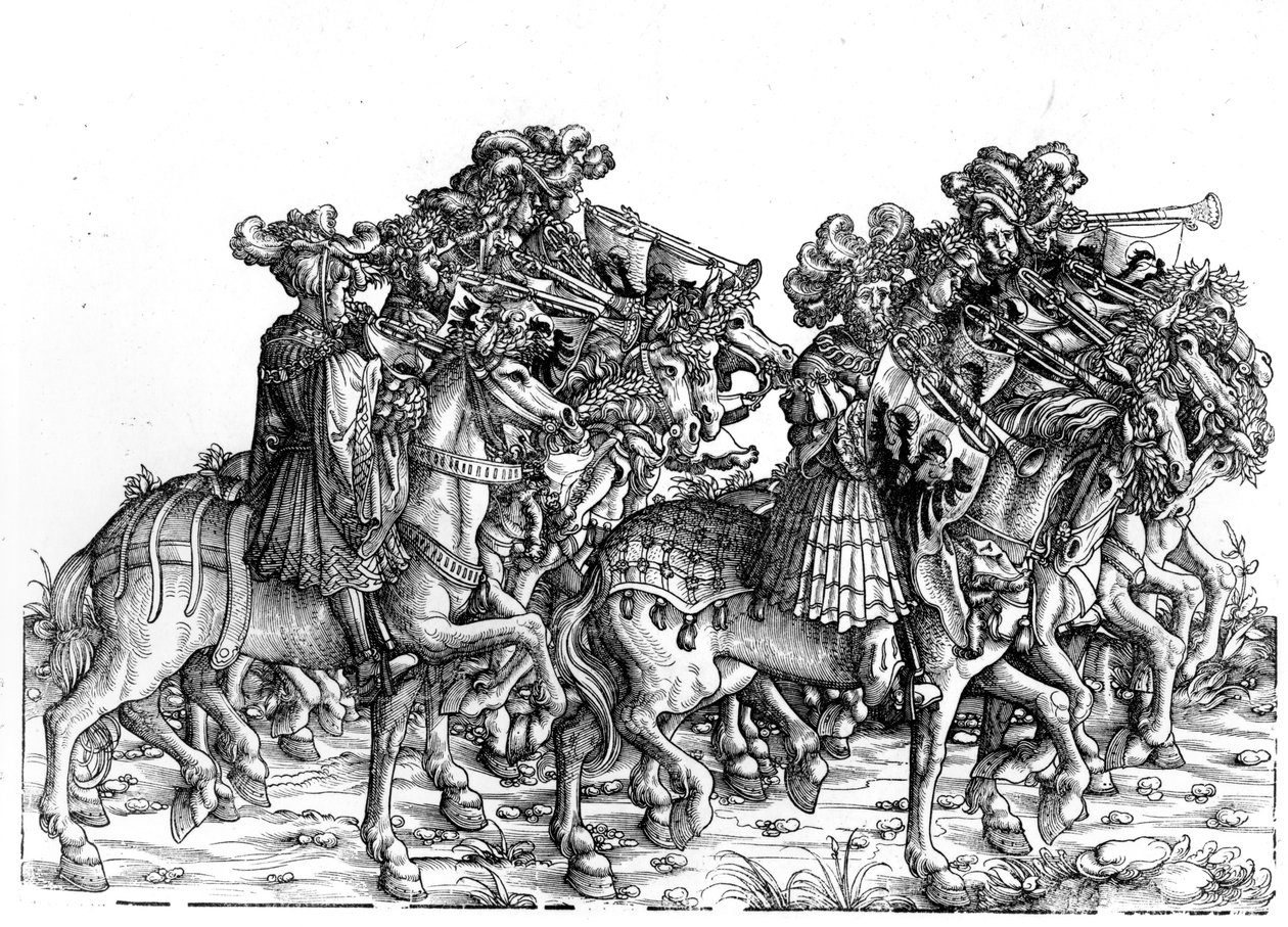 Deset hudebníků s trubkami, z triumfálního průvodu císaře Maxmiliána I., kolem roku 1517 od Hans Burgkmair