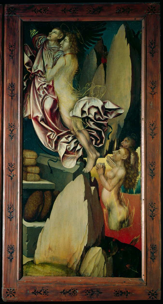 Bugnonův oltářní obraz, levý panel zobrazující vysvobození duše z očistce, kolem roku 1507 od Hans Fries