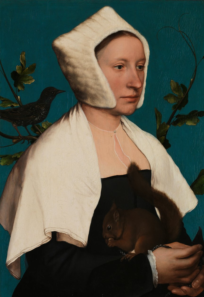 Portrét dámy s veverkou a špačkem, pravděpodobně Anne Lovell od Hans Holbein