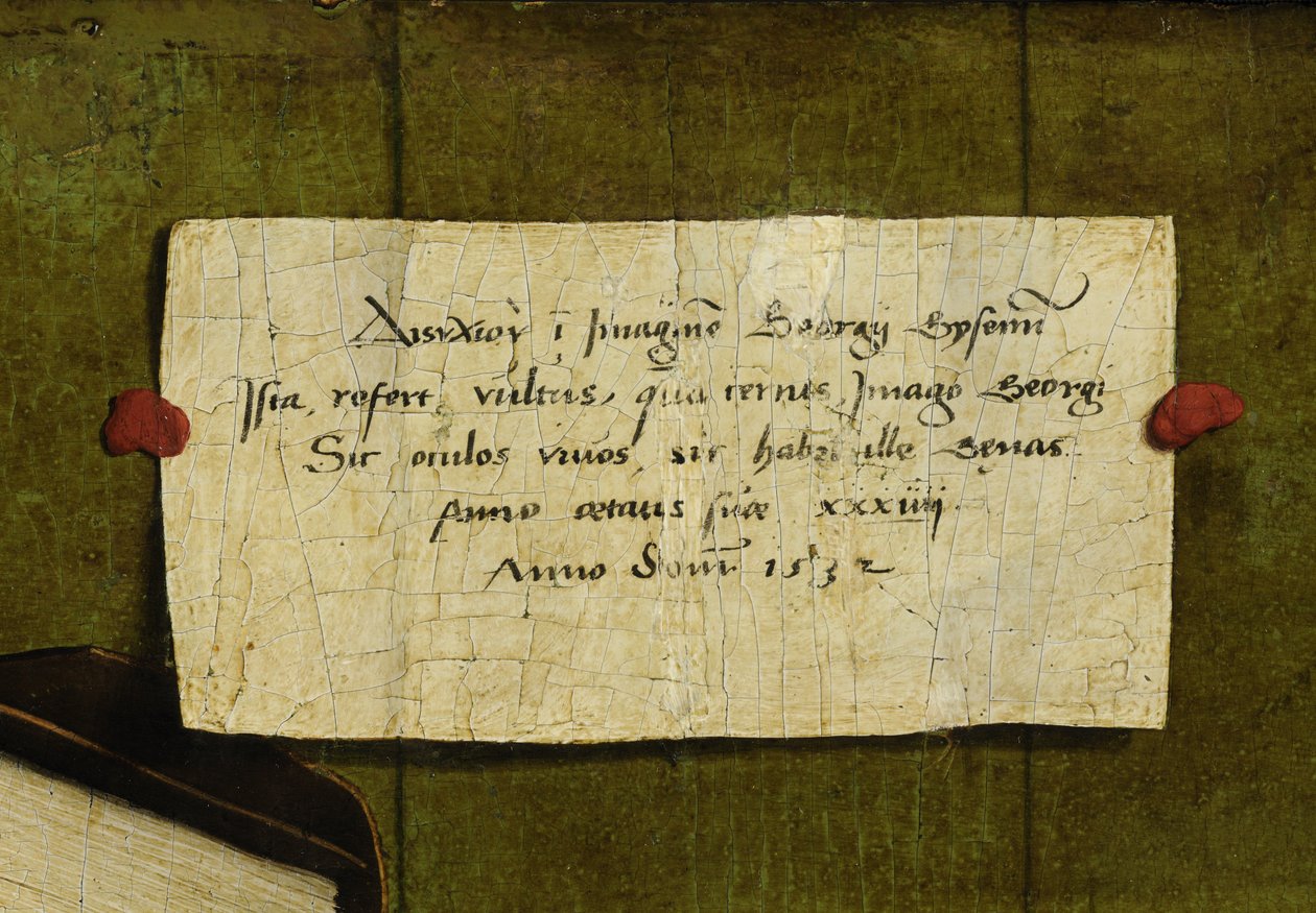 Detail Portrét obchodníka Georga Gisze. Latinská báseň (s řeckým názvem) od Hans Holbein der Jüngere