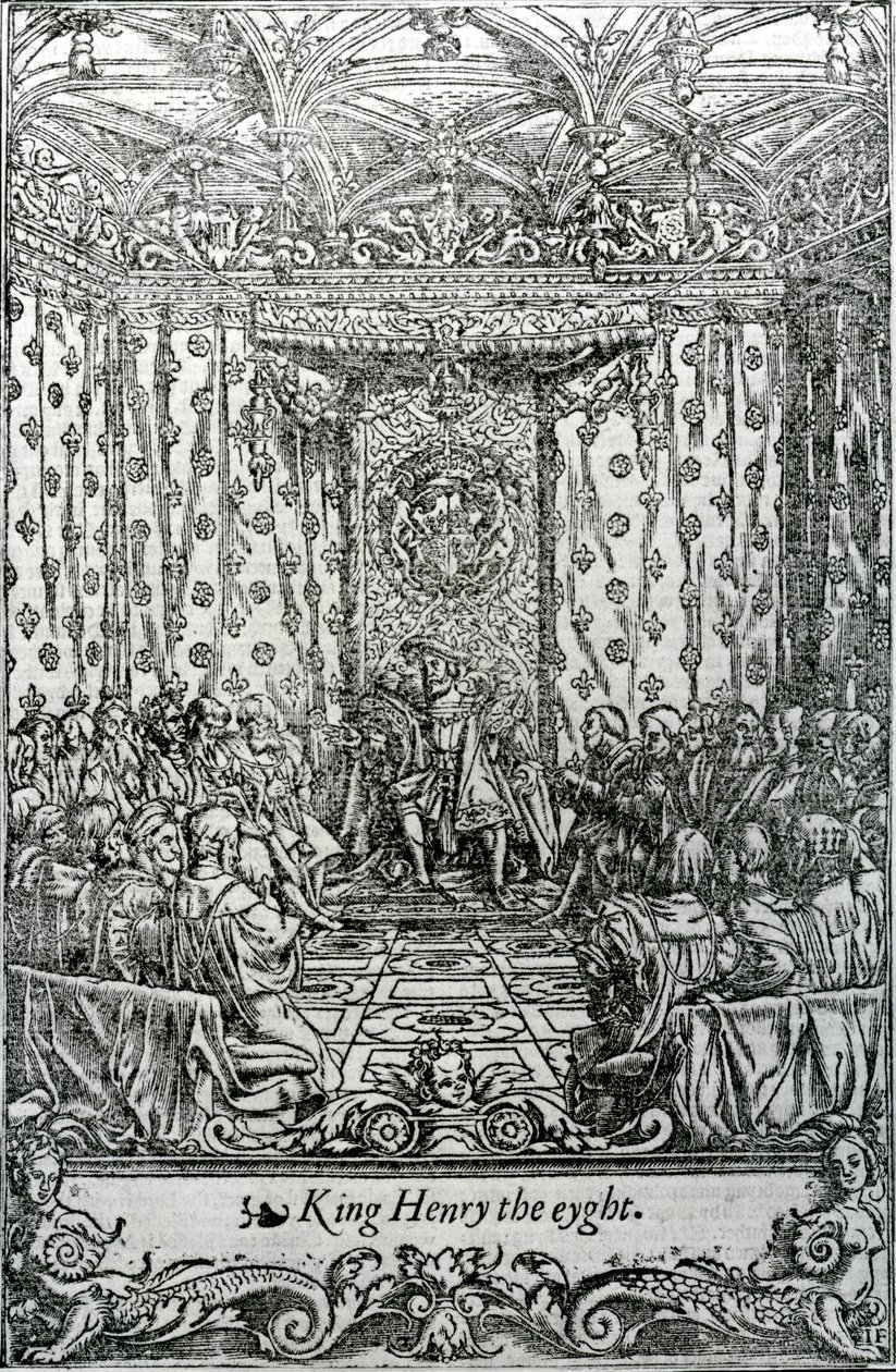 Král Jindřich osmý, ilustrace ze „Svazu dvou vznešených a ilustračních rodin Lancasteru a Yorku“ od Edwarda Halla, tisk Jacoba Fabera, vydáno 1548 od Hans Holbein der Jüngere