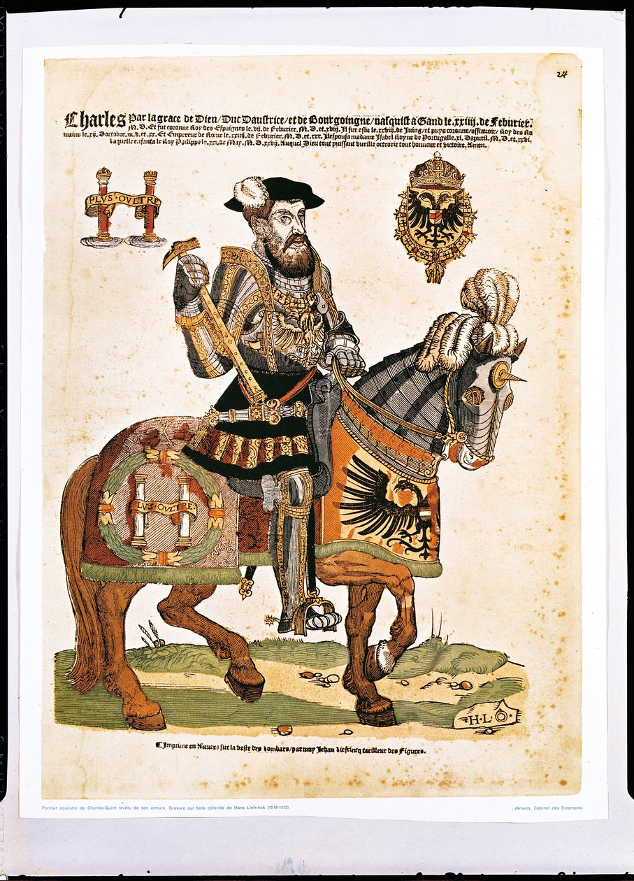 Jezdecký portrét Karla V. v brnění (1500-58) (barevná rytina) od Hans Liefrinck