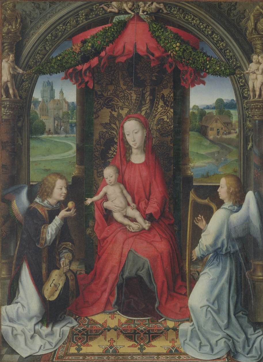 Madonna a dítě na trůnu se dvěma anděly, 1490-91 od Hans Memling