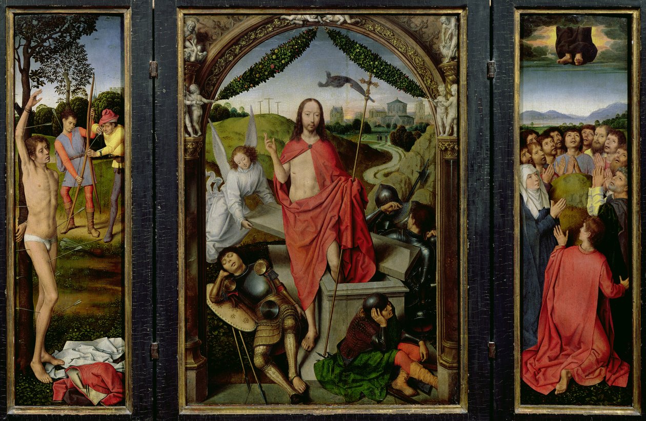 Triptych Vzkříšení: Vzkříšení (uprostřed) Umučení sv. Šebestiána (vlevo) a Nanebevstoupení (vpravo) cca 1485-90 od Hans Memling