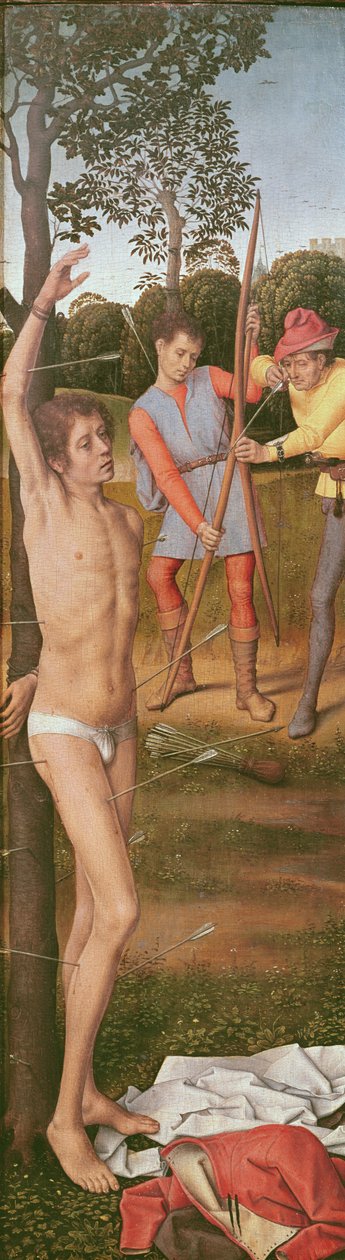 Triptych Vzkříšení, levý panel: Umučení svatého Šebestiána, kolem 1485-90 (olej na dubu) od Hans Memling