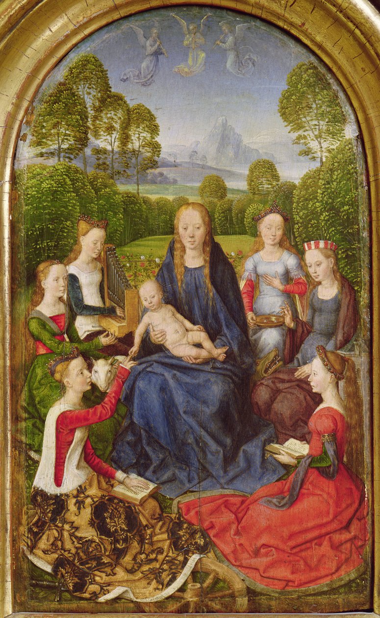 Panna a dítě se svatými, levá deska z Diptychu Jean du Cellier, kolem 1490 od Hans Memling