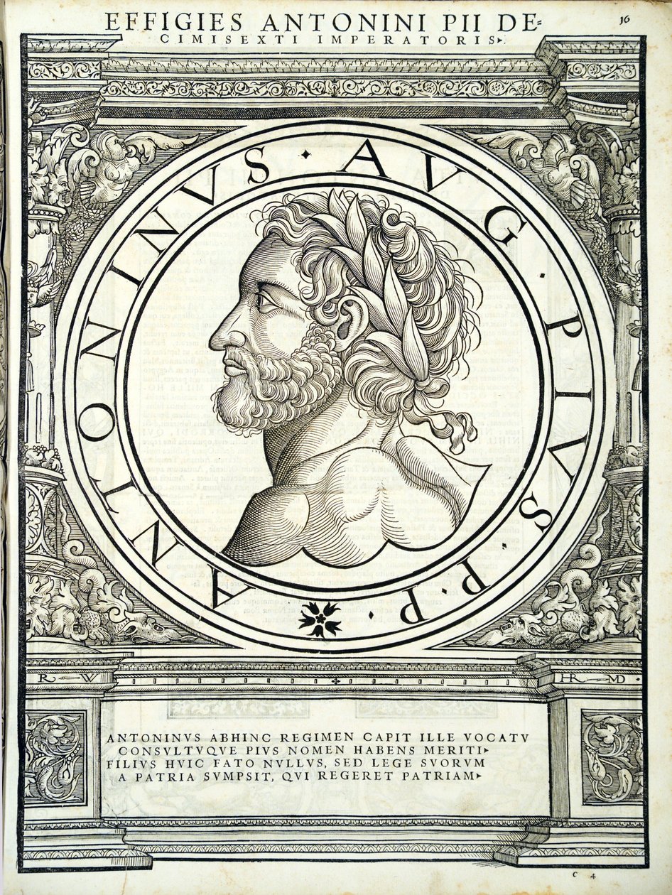 Antoninus Pius, ilustrace z knihy Imperatorum romanorum omnium orientalium et occidentalium verissimae imagines ex antiquis numismatis, dřevoryt Rudolfa Wyssenbacha, vytiskl Andreas Gesner, Curych od Hans Rudolf Manuel Deutsch