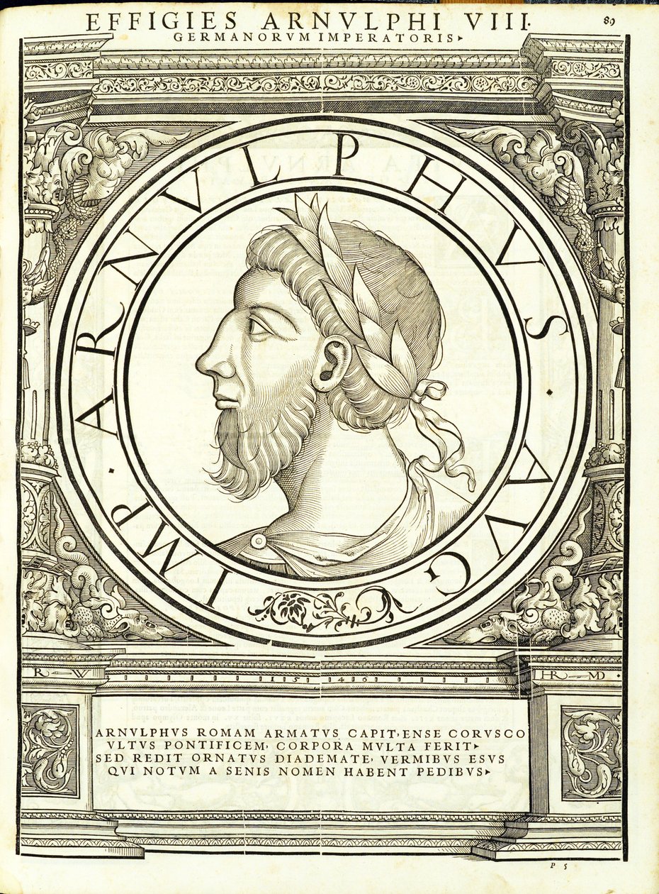 Arnulphus, ilustrace z Imperatorum romanorum omnium orientalium et occidentalium verissimae imagines ex antiquis numismatis, dřevoryt Rudolpha Wyssenbacha, vytiskl Andreas Gesner, Curych, 155. od Hans Rudolf Manuel Deutsch