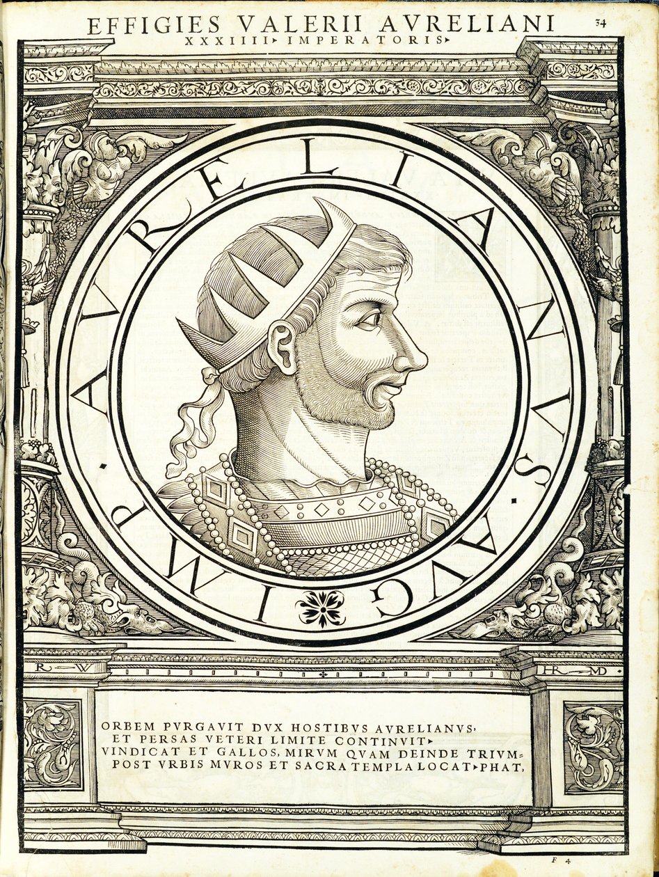 Aurelian, ilustrace z „Římští císaři celého Východu a Západu“, dřevoryt Rudolpha Wyssenbacha, tisk Andreas Gesner, Curych, od Hans Rudolf Manuel Deutsch