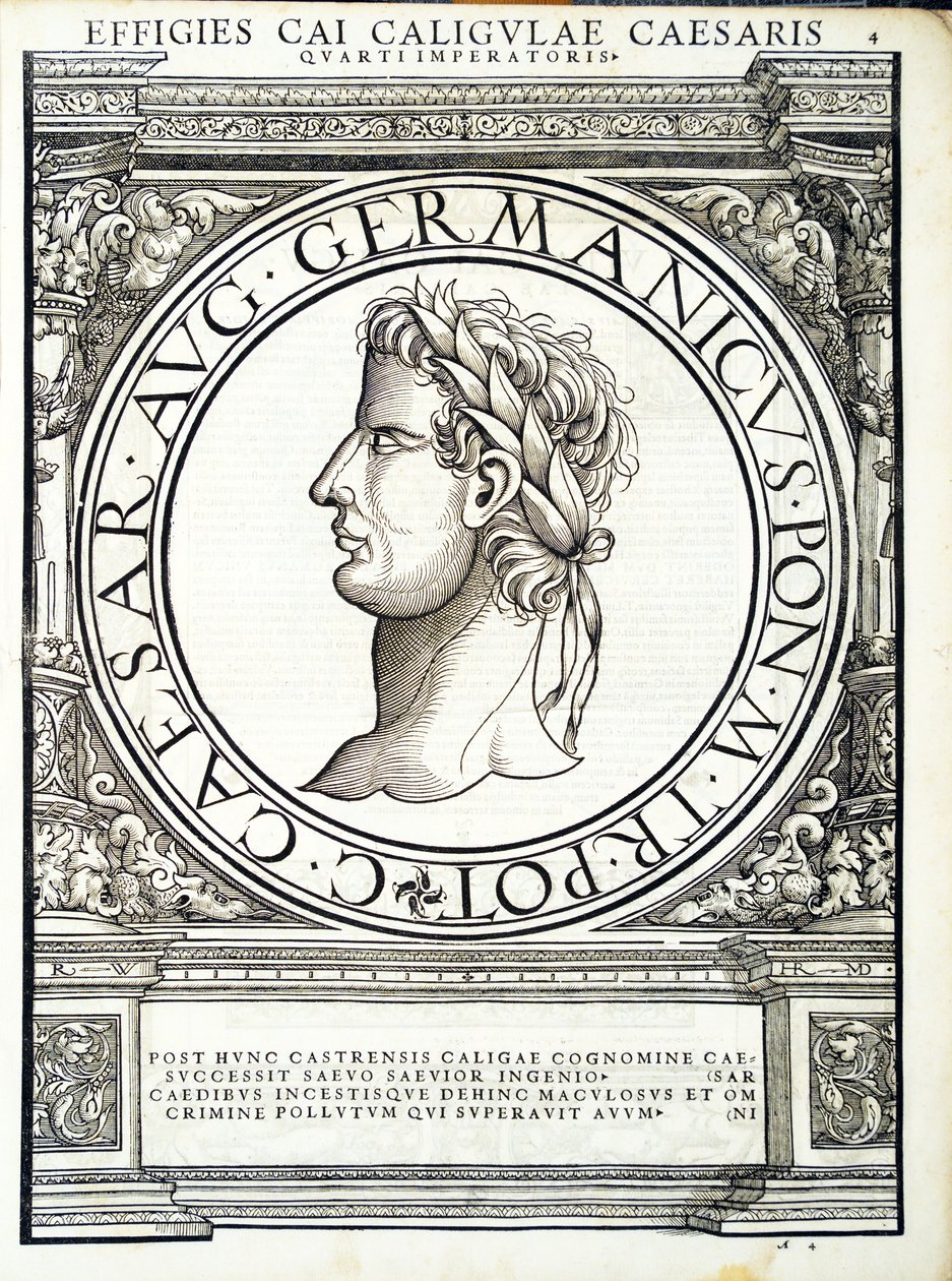 Caius Caligula, ilustrace od římských císařů celého Východu a Západu s nejautentičtějšími obrázky starověkých mincí, dřevoryt Rudolpha Wyssenbacha, tisk Andreas Gesner, Curych od Hans Rudolf Manuel Deutsch