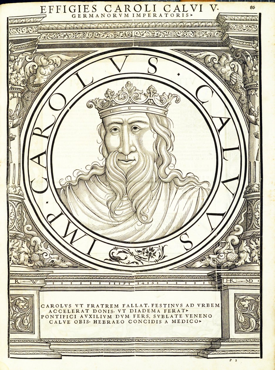 Charles Calus, ilustrace z „Římští císaři celého Východu a Západu“, dřevoryt Rudolpha Wyssenbacha, tisk Andreas Gesner, Zuri od Hans Rudolf Manuel Deutsch