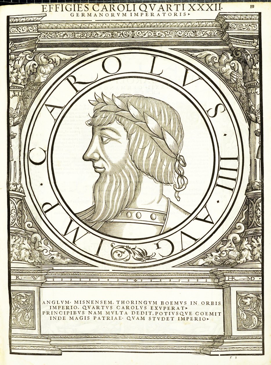 Karel III., ilustrace z nejautentičtějších obrazů starověkých římských císařů Západní Indie, dřevoryt Rudolpha Wyssenbacha, tisk Andreas Gesner, Curych, od Hans Rudolf Manuel Deutsch