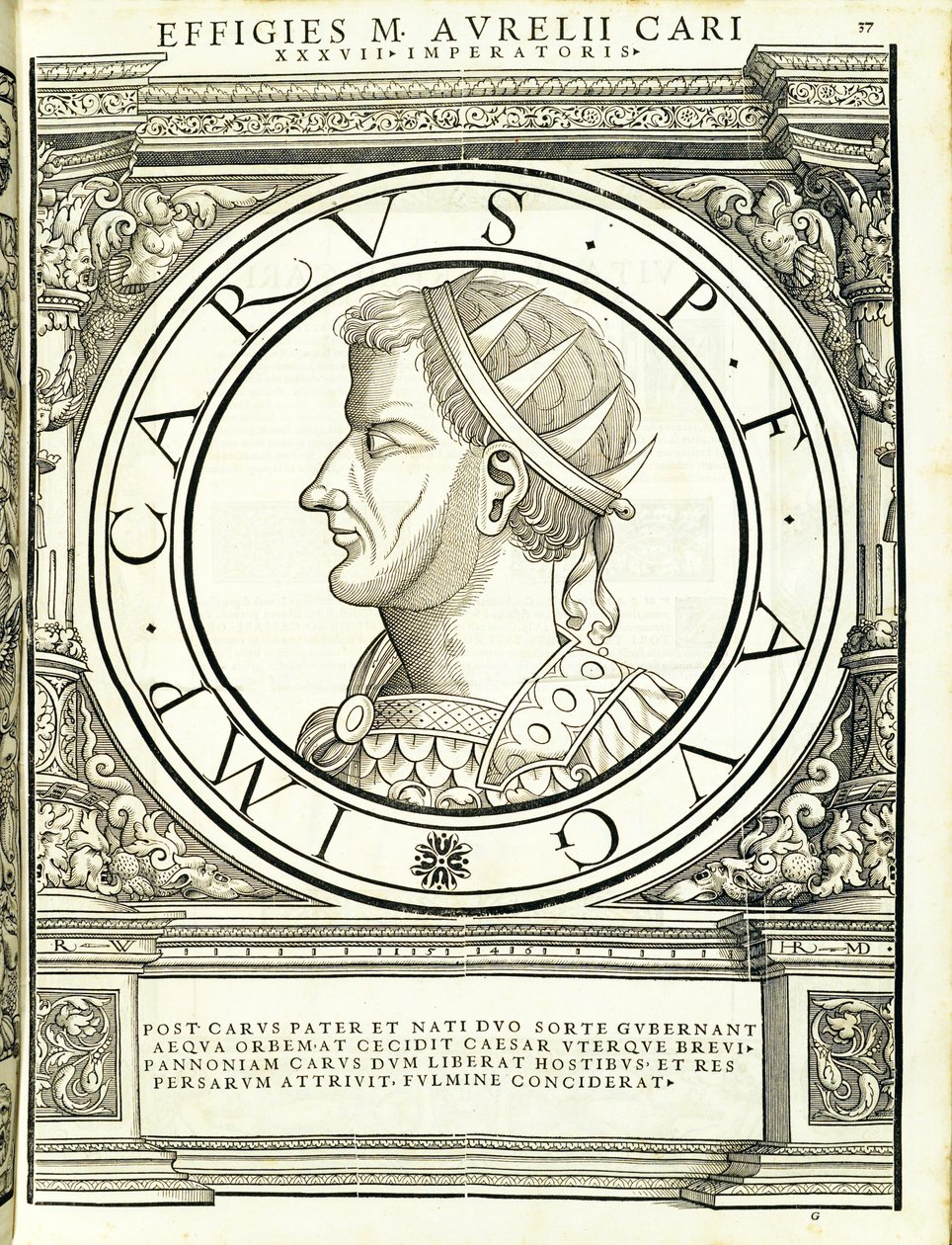 Carus, ilustrace z knihy Imperatorum romanorum omnium orientalium et occidentalium verissimae imagines ex antiquis numismatis, dřevoryt Rudolfa Wyssenbacha, vytiskl Andreas Gesner, Curych, 1559 wo od Hans Rudolf Manuel Deutsch