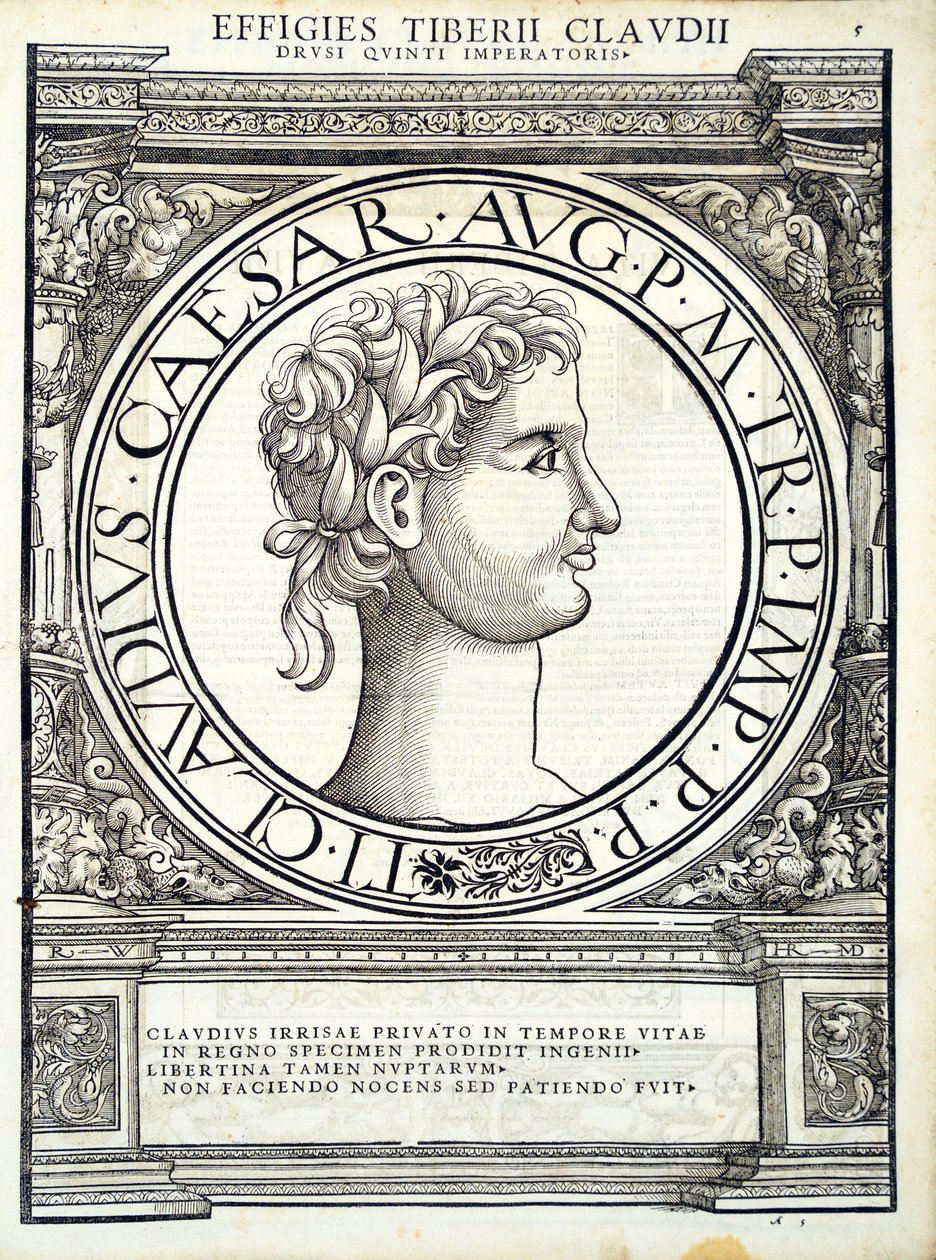 Claudius Caesar, ilustrace z nejautentičtějších obrazů starověkých římských císařů Východu a Západu, dřevoryt Rudolpha Wyssenbacha, tisk Andreas Gesner, Zuric od Hans Rudolf Manuel Deutsch