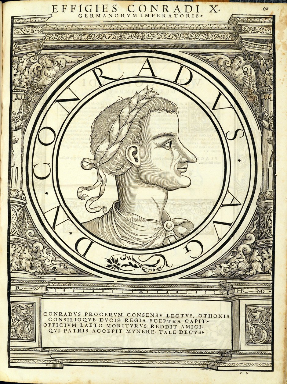 Conrad I., ilustrace od římských císařů celého Východu a Západu, nejautentičtější obrazy starověkých mincí, dřevoryt Rudolpha Wyssenbacha, tisk Andreas Gesner, Curych, 15 od Hans Rudolf Manuel Deutsch