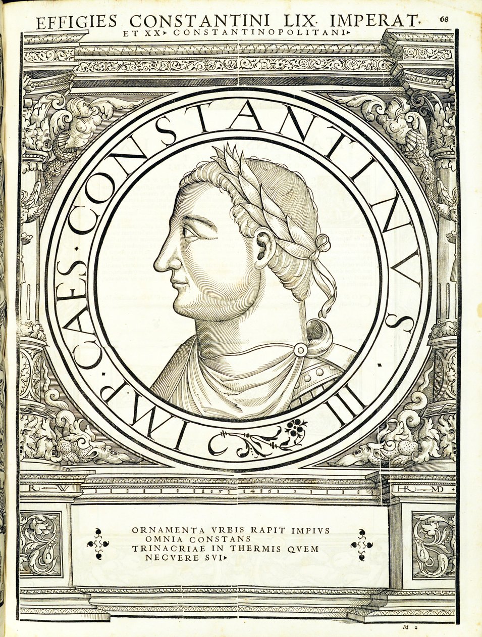 Constans, ilustrace z „Římští císaři všech východních a západních Římanů s nejautentičtějšími obrázky starověkých mincí“, dřevoryt Rudolpha Wyssenbacha, tisk Andreas Gesner, Curych, 15 od Hans Rudolf Manuel Deutsch