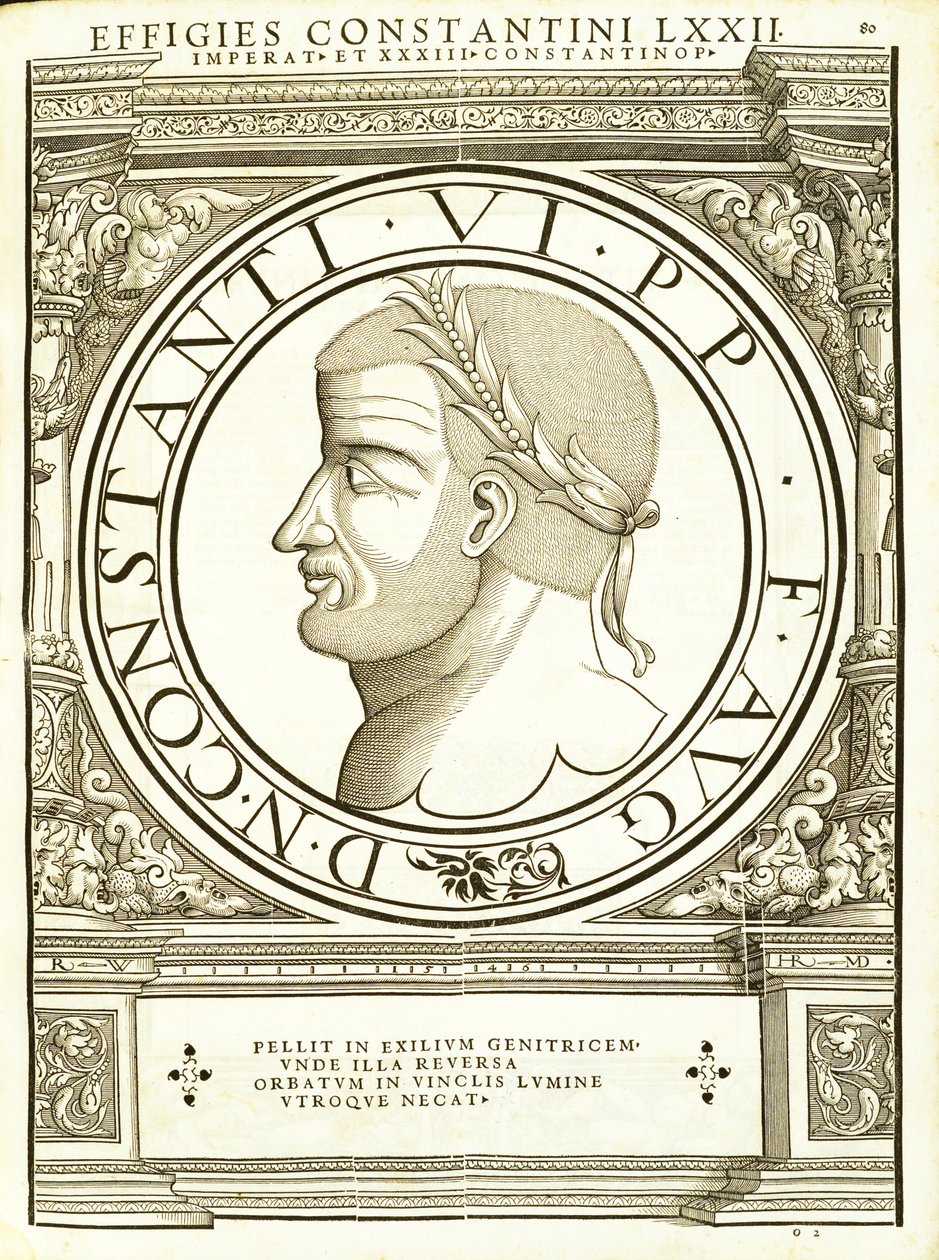 Constantinus VI, ilustrace z „Římští císaři celého Východu a Západu“, dřevoryt Rudolpha Wyssenbacha, tisk Andreas Gesner, Zur od Hans Rudolf Manuel Deutsch