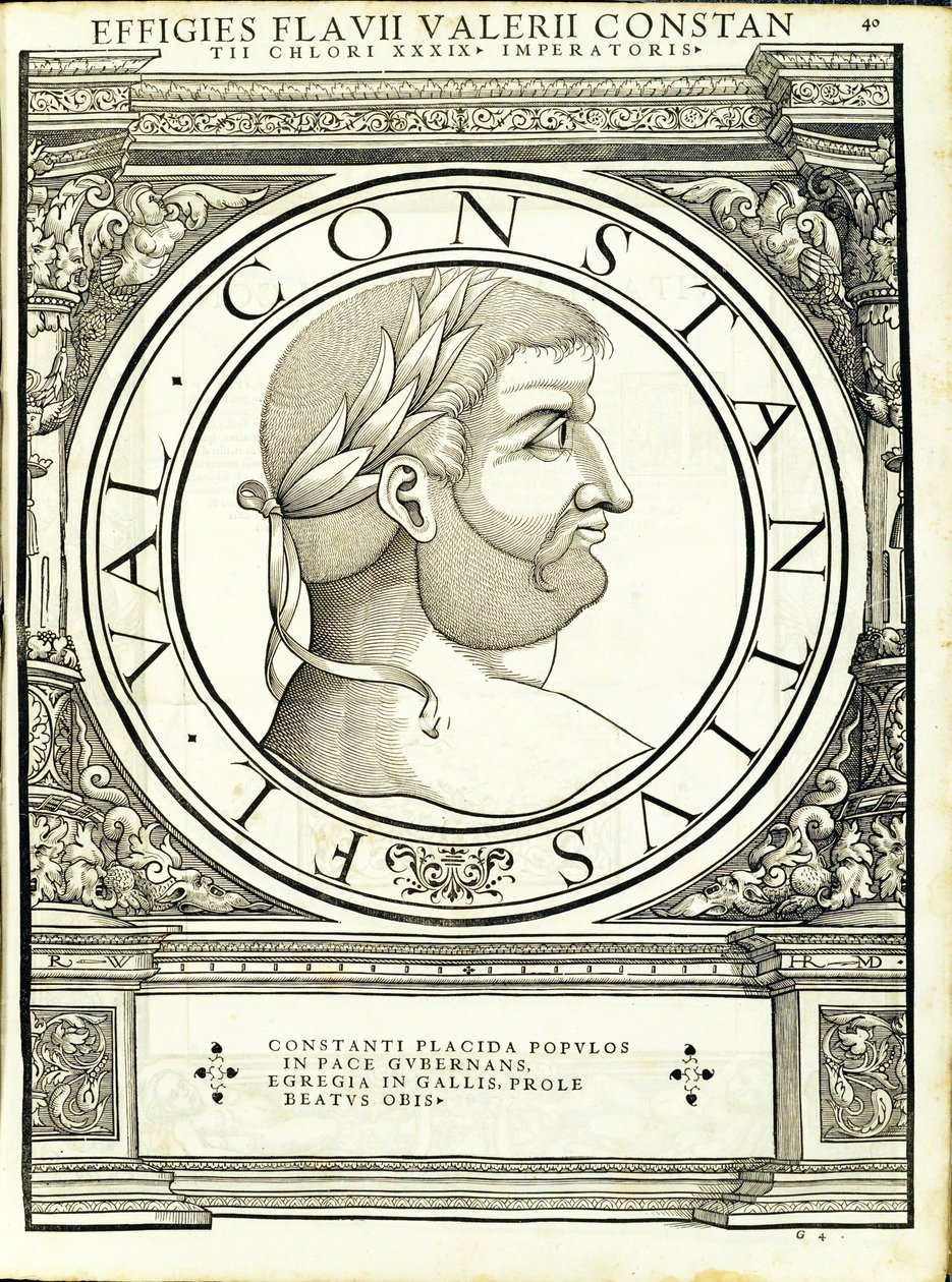 Constantius Chlorus, ilustrace z „Římští císaři celého Východu a Západu“, dřevoryt Rudolpha Wyssenbacha, tisk Andreas Gesner, od Hans Rudolf Manuel Deutsch