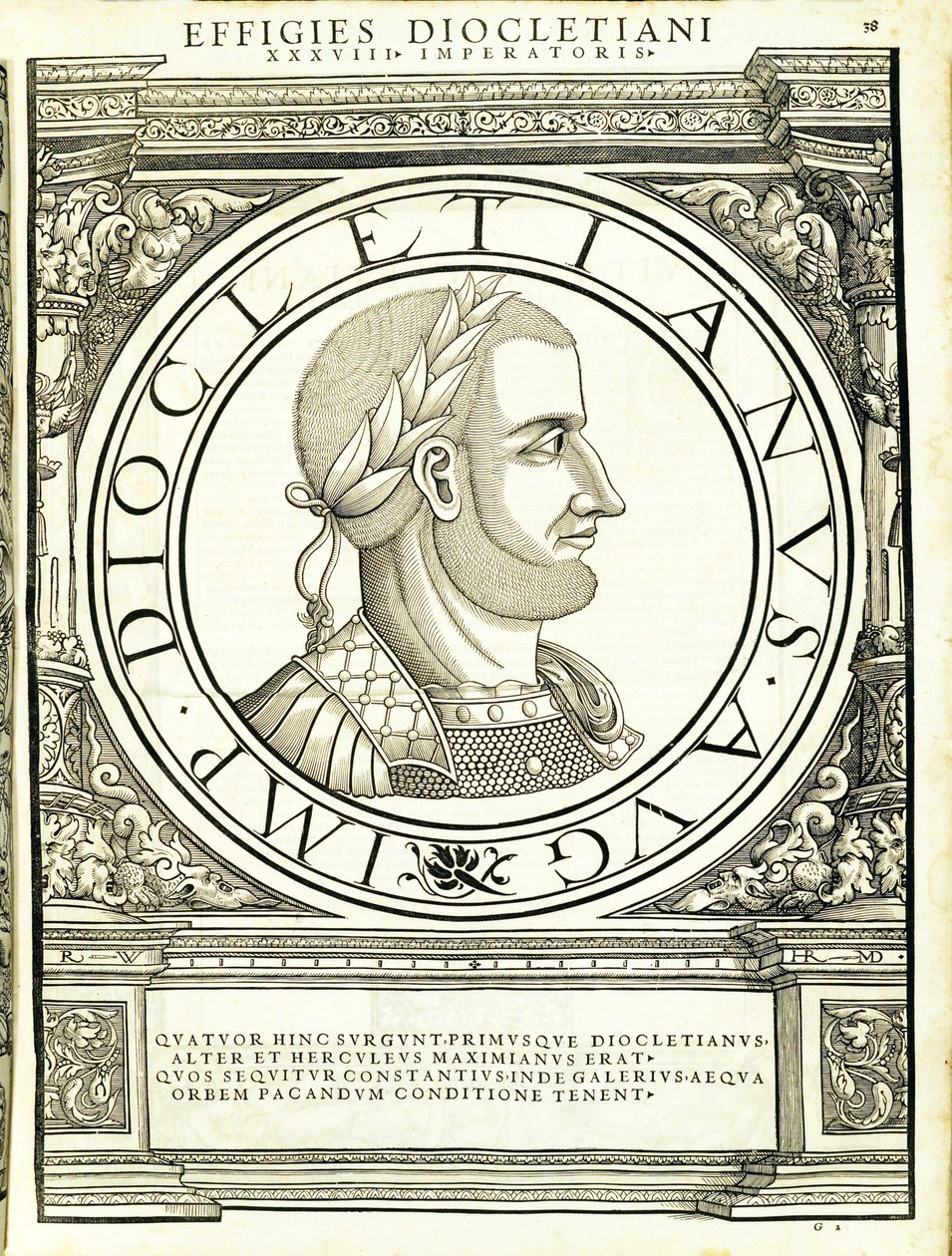 Diocletianus, ilustrace z „Římští císaři celého Východu a Západu“, dřevoryt od Rudolpha Wyssenbacha, tisk Andreas Gesner, Curych od Hans Rudolf Manuel Deutsch