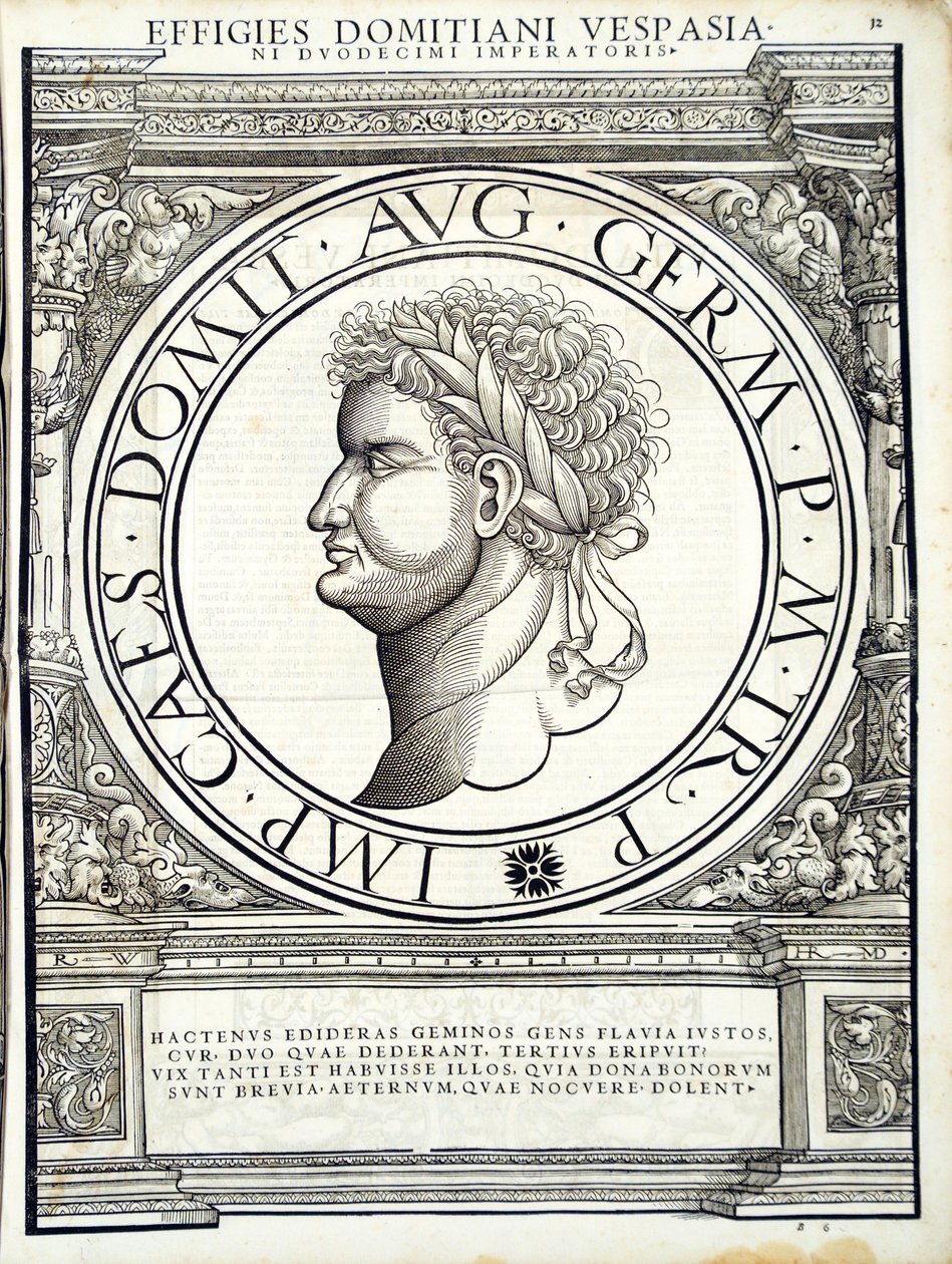 Domitianus, ilustrace z nejautentičtějších obrazů starověkých římských císařů Východu a Západu, dřevoryt Rudolpha Wyssenbacha, tisk Andreas Gesner, Curych, 15. od Hans Rudolf Manuel Deutsch