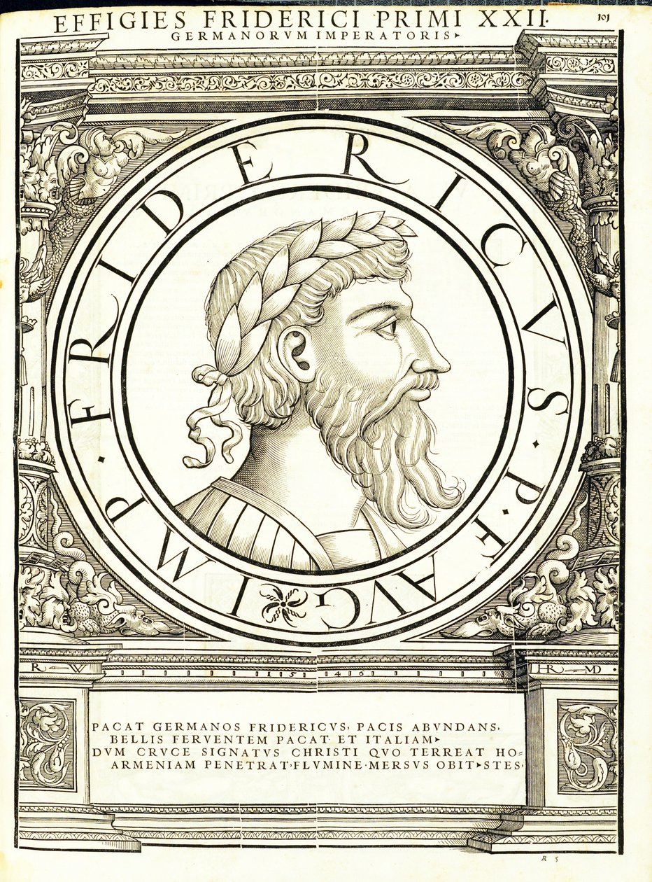 Fridericus I, ilustrace z "Imperatorum romanorum omnium orientalium et occidentalium verissimae imagines ex antiquis numismatis", dřevoryt Rudolpha Wyssenbacha, vytiskl Andreas Gesner, Curych od Hans Rudolf Manuel Deutsch