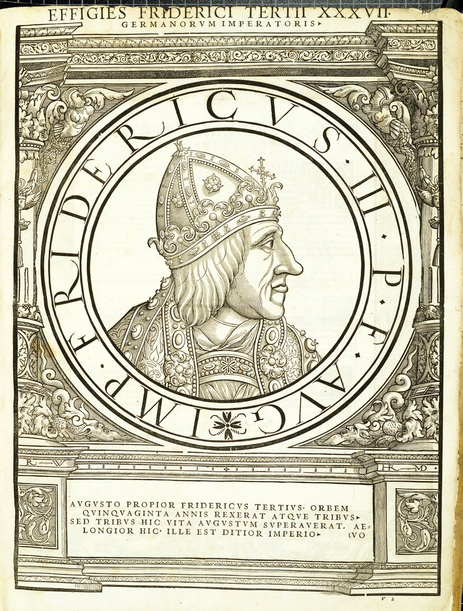 Friedrich III., ilustrace od římských císařů celého Východu a Západu, s nejautentičtějšími obrázky starověkých mincí, dřevoryt Rudolfa Wyssenbacha, tisk Andreas Gesner, Curych od Hans Rudolf Manuel Deutsch