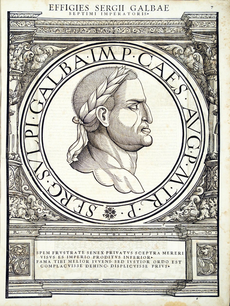 Galba, ilustrace z nejautentičtějších obrazů starořímských císařů Východu a Západu, dřevoryt Rudolpha Wyssenbacha, tisk Andreas Gesner, Curych, 1559 wo od Hans Rudolf Manuel Deutsch