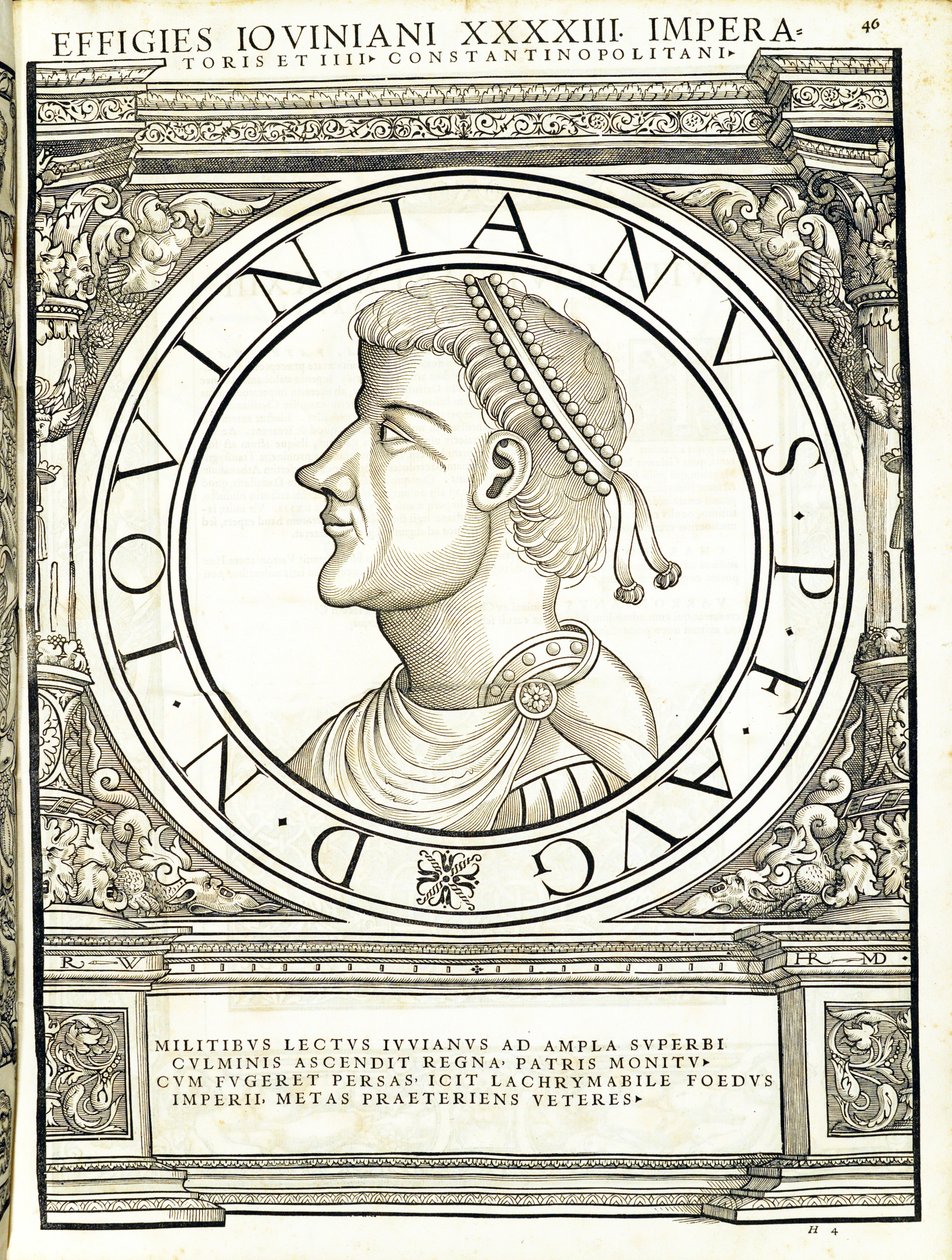 Iouinianus, ilustrace z nejautentičtějších obrazů starověkých římských císařů Východu a Západu, dřevoryt Rudolpha Wyssenbacha, tisk Andreas Gesner, Curych, 15. od Hans Rudolf Manuel Deutsch