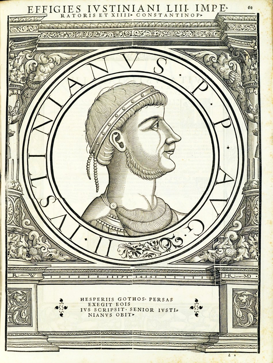 Justinian I, ilustrace z „Římští císaři celého Východu a Západu“ od Hans Rudolf Manuel Deutsch