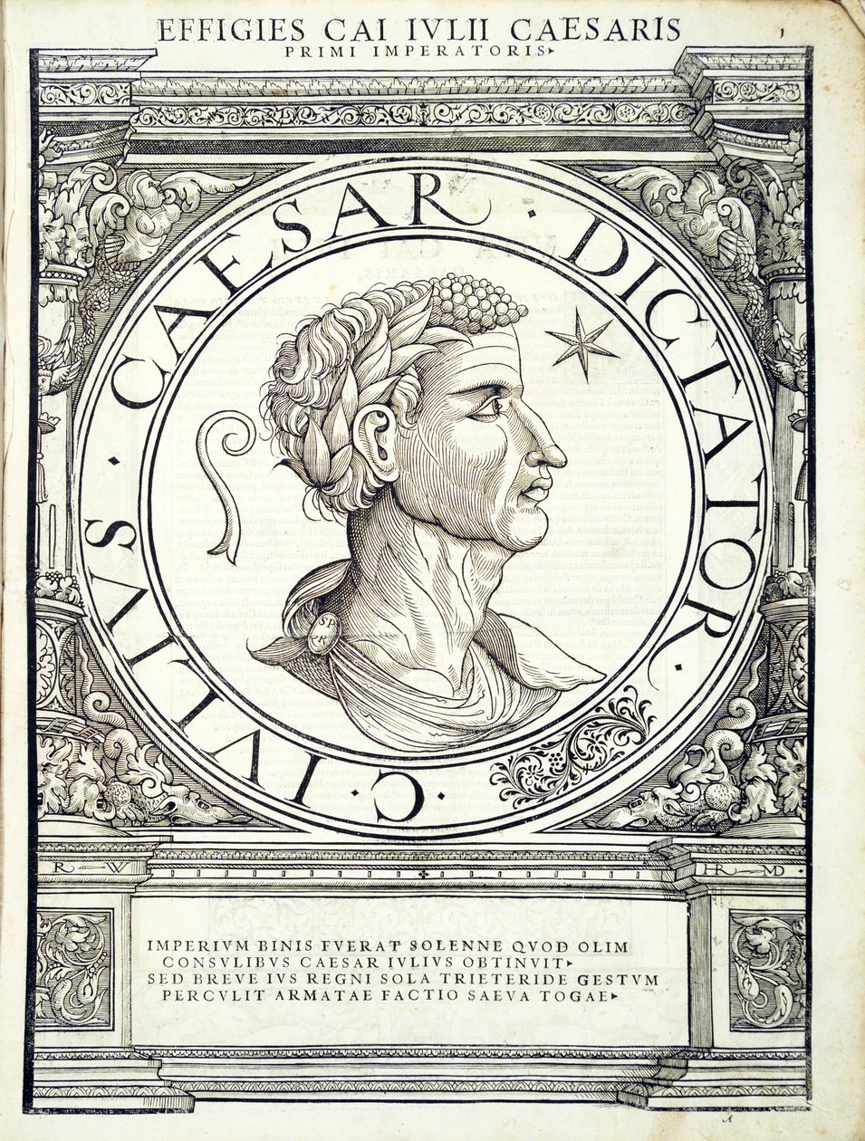 Julius Caesar, ilustrace z nejautentičtějších obrazů starořímských císařů Východu a Západu, dřevoryt Rudolpha Wyssenbacha, tisk Andreas Gesner, Curych, od Hans Rudolf Manuel Deutsch