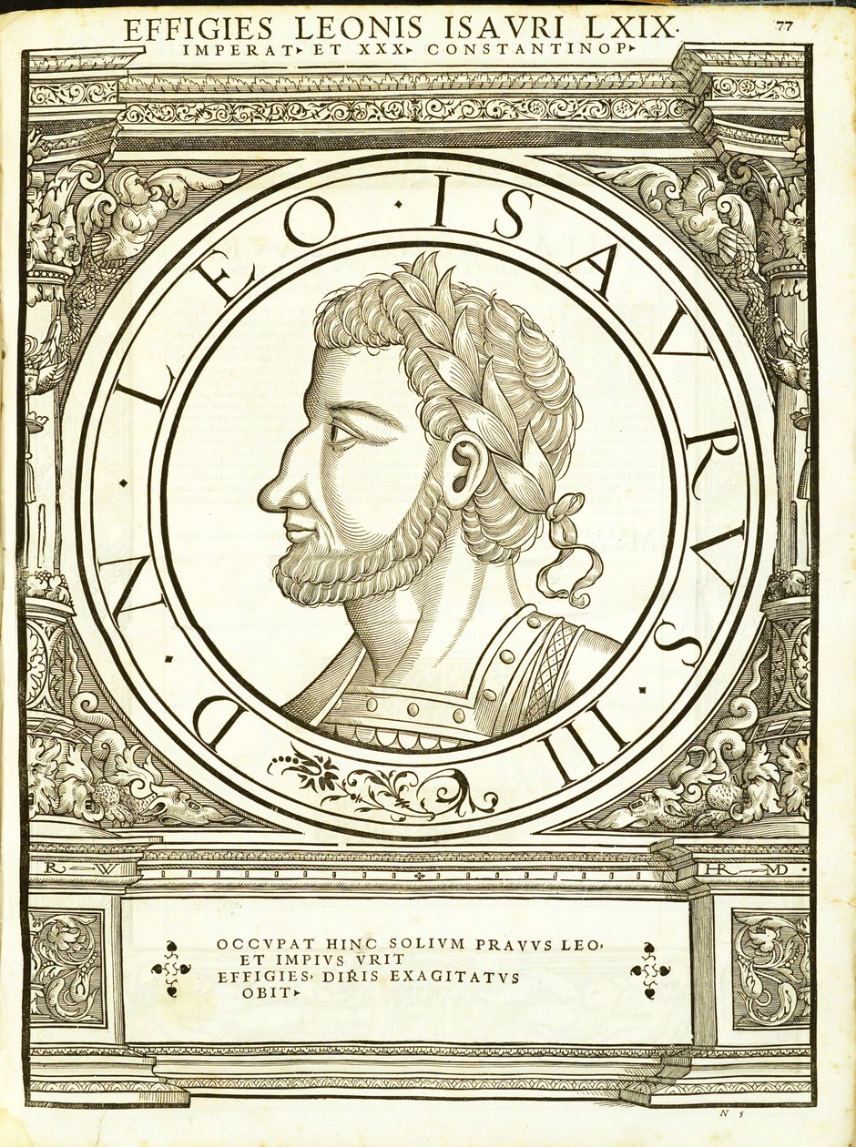 Leo Isaurus, ilustrace z „Římští císaři celého Východu a Západu“, dřevoryt Rudolpha Wyssenbacha, tisk Andreas Gesner, Curych od Hans Rudolf Manuel Deutsch