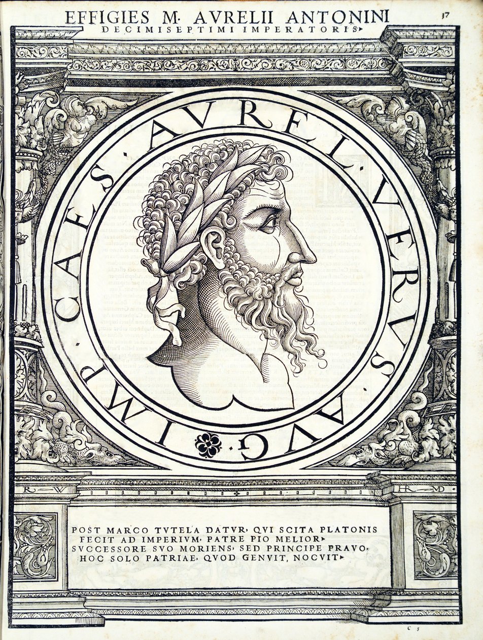 Lucius Verus, ilustrace od římských císařů celého Východu a Západu, obrázky nejstarších mincí, dřevoryt Rudolpha Wyssenbacha, tisk Andreas Gesner, Curych, od Hans Rudolf Manuel Deutsch