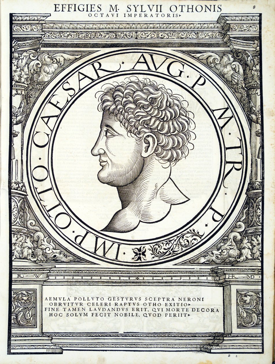 M Sylvius Otho, ilustrace z „Římští císaři celého Východu a Západu“, dřevoryt Rudolpha Wyssenbacha, tisk Andreas Gesner, Zuri od Hans Rudolf Manuel Deutsch