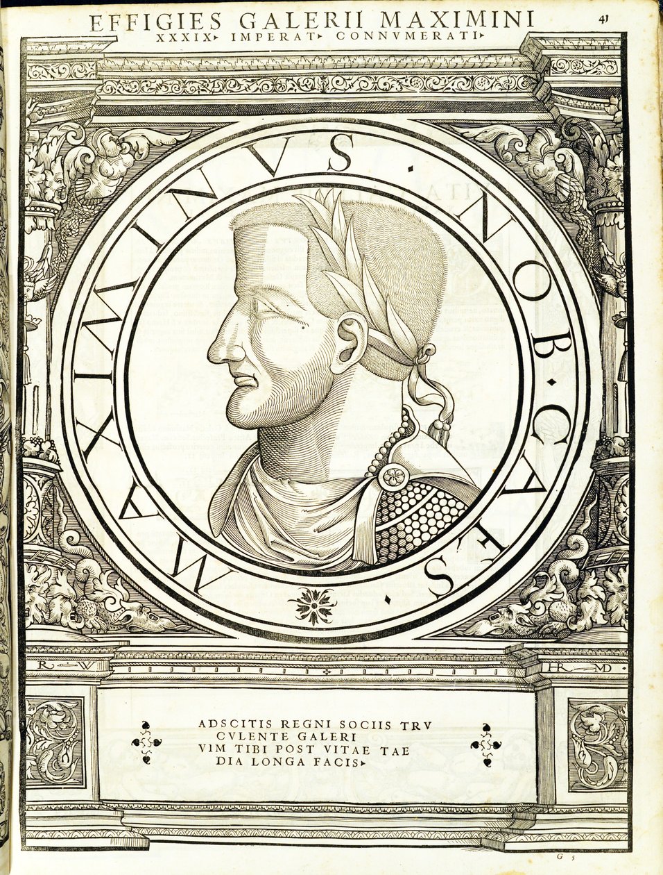 Maximinus II., ilustrace z „Římští císaři celého Východu a Západu“, dřevoryt od Rudolpha Wyssenbacha, tisk Andreas Gesner, Curych od Hans Rudolf Manuel Deutsch