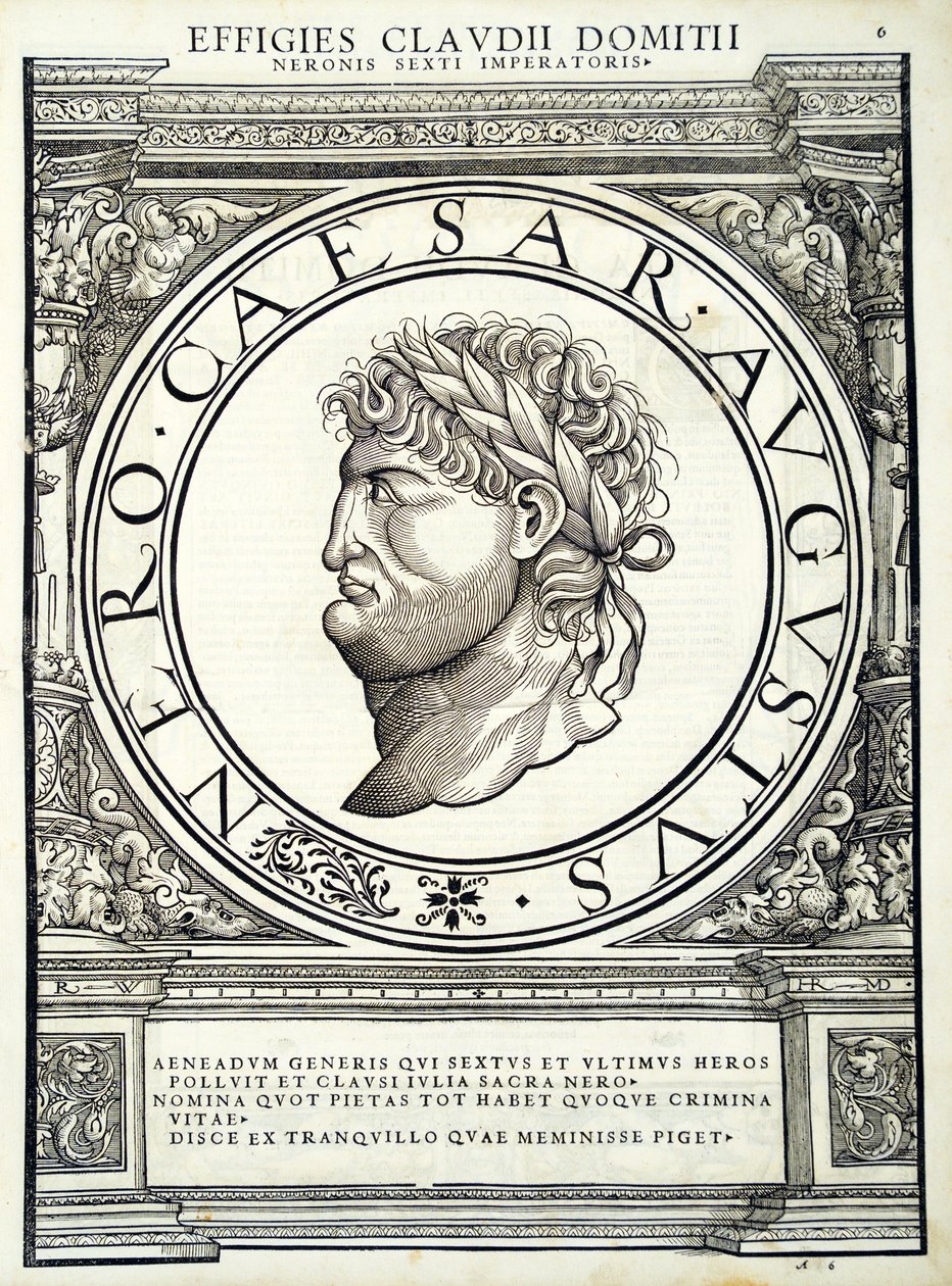 Nero, ilustrace z „Římští císaři celého Východu a Západu“, dřevoryt od Rudolpha Wyssenbacha, tisk Andreas Gesner, Curych, 1559 od Hans Rudolf Manuel Deutsch