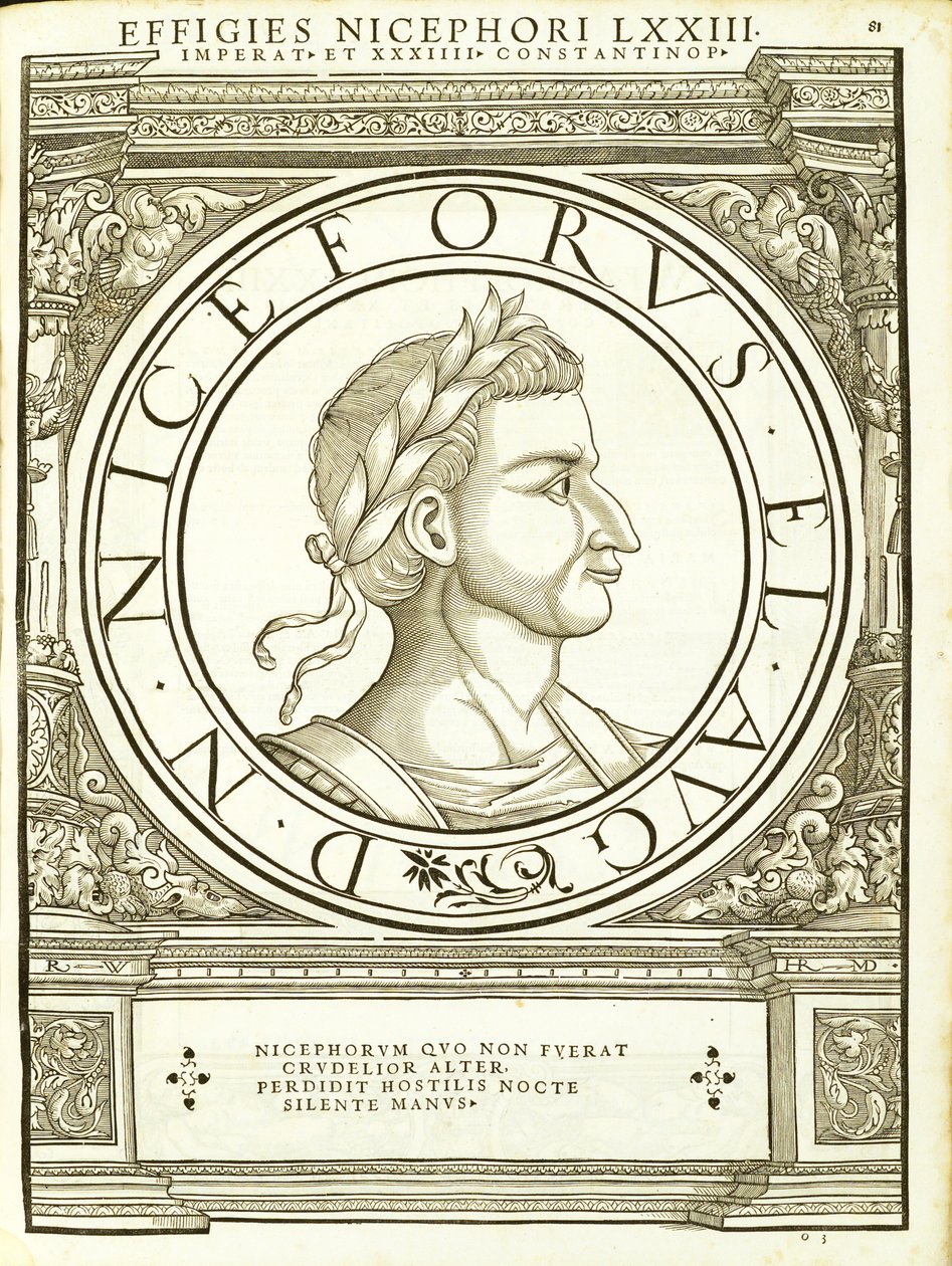 Nicephorus, ilustrace z „Římští císaři celého Východu a Západu“, dřevoryt od Rudolpha Wyssenbacha, tisk Andreas Gesner, Curych od Hans Rudolf Manuel Deutsch