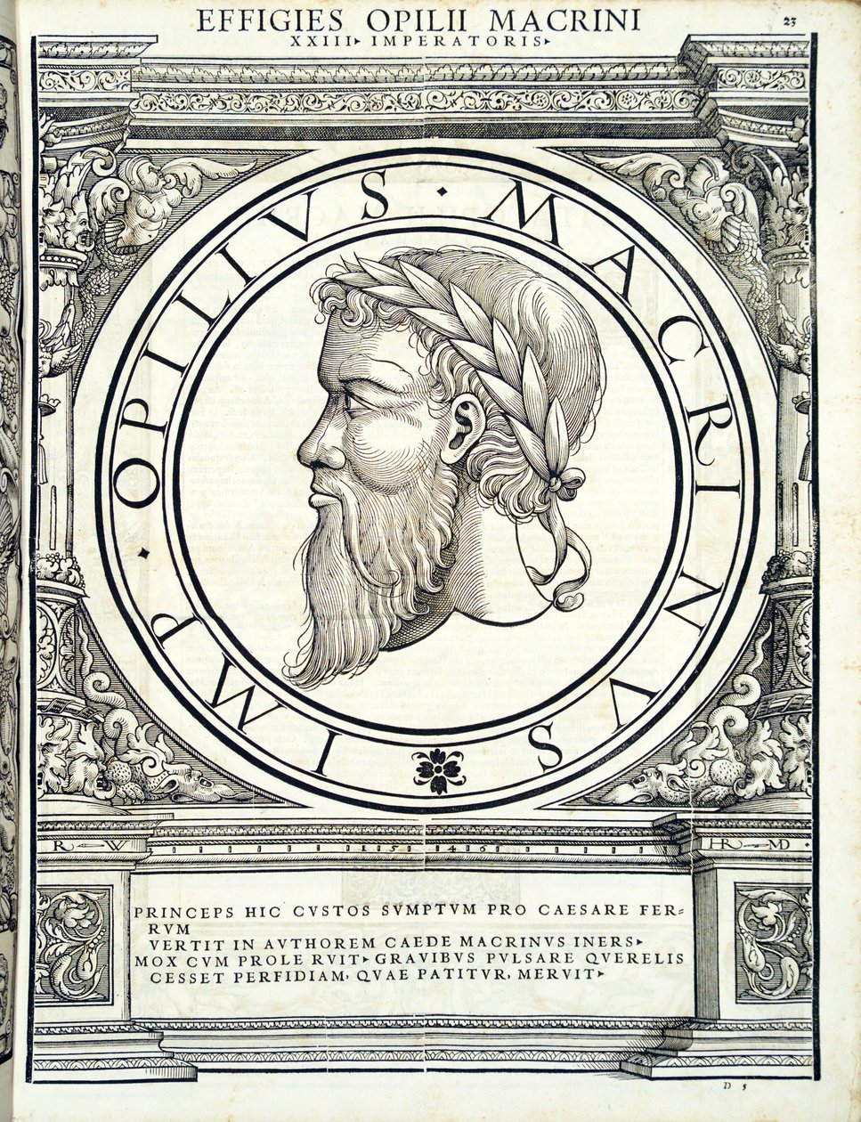 Opilius Macrinus, ilustrace z „Římští císaři celého Východu a Západu“, dřevoryt Rudolpha Wyssenbacha, tisk Andreas Gesner, Zu od Hans Rudolf Manuel Deutsch