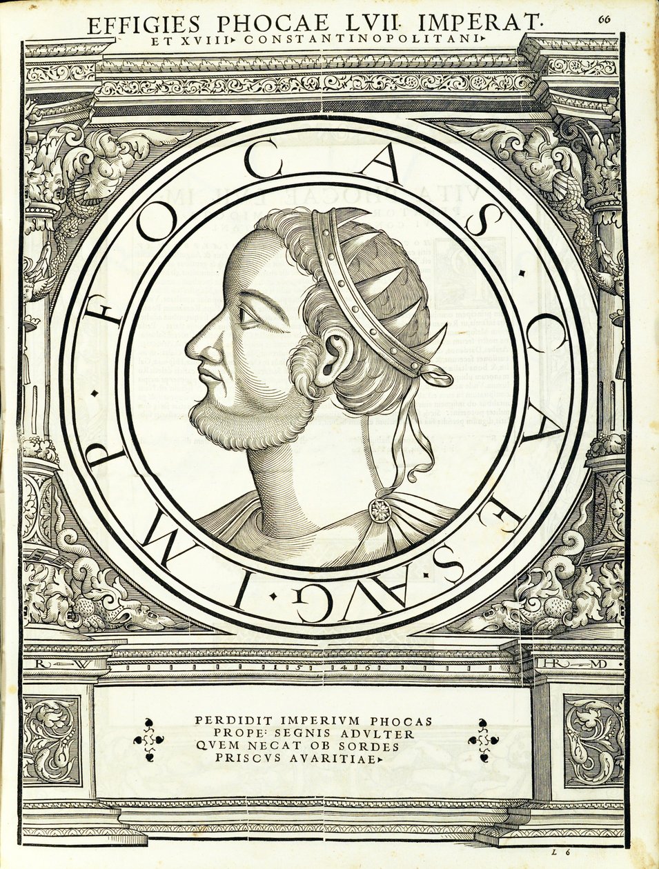 Phocas, ilustrace od římských císařů celého Východu a Západu s nejautentičtějšími obrázky starověkých mincí, dřevoryt Rudolpha Wyssenbacha, tisk Andreas Gesner, Curych, 1559 w od Hans Rudolf Manuel Deutsch