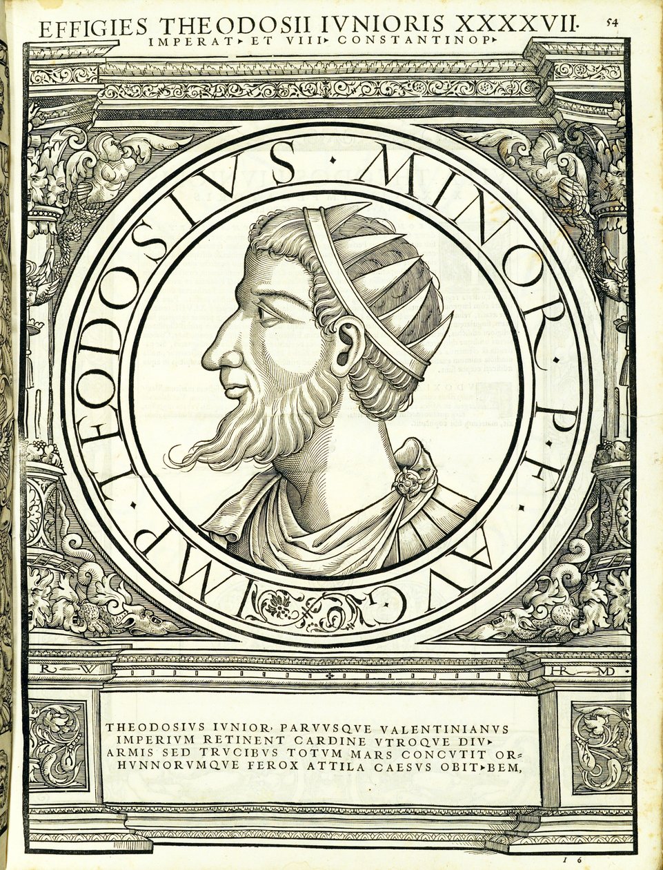 Theodosius mladší, ilustrace z „Římští císaři celého Východu a Západu“, dřevoryt Rudolpha Wyssenbacha, tisk Andreas Gesner, Z od Hans Rudolf Manuel Deutsch