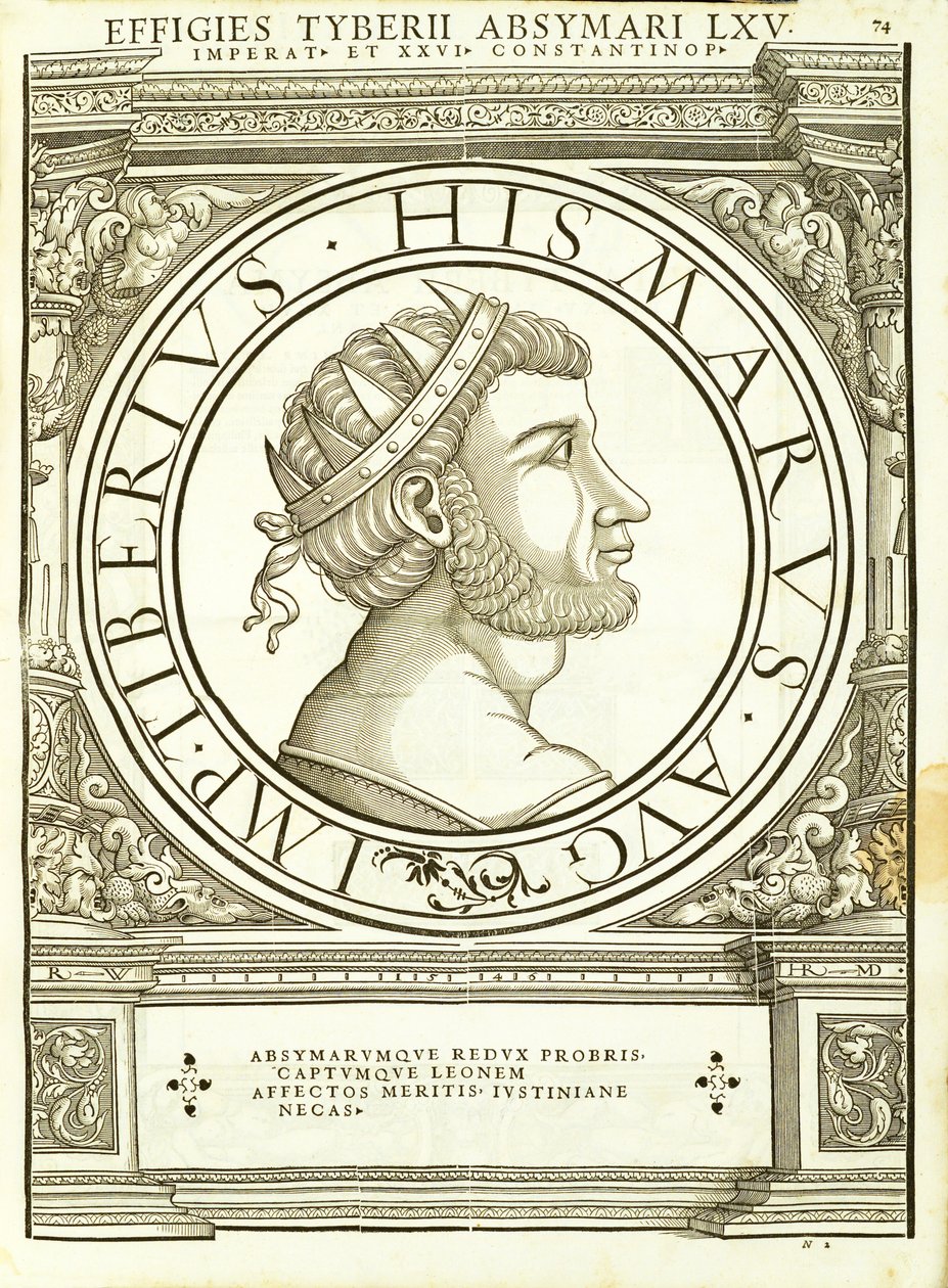 Tiberius Absymarus, ilustrace od římských císařů celého Východu a Západu s nejautentičtějšími obrázky starověkých mincí, dřevoryt Rudolpha Wyssenbacha, tisk Andreas Gesner, Zu od Hans Rudolf Manuel Deutsch