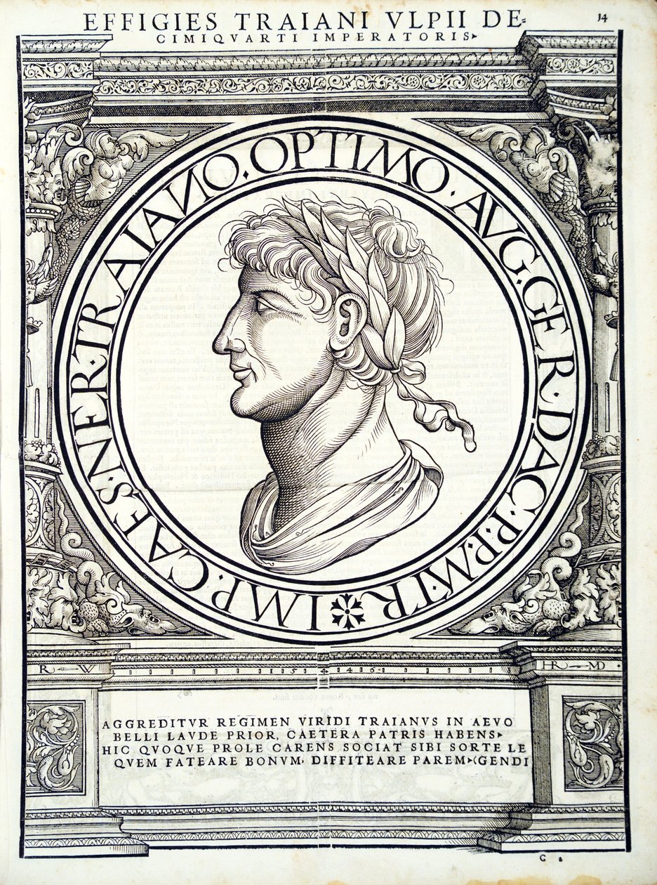 Traianus, ilustrace z „Římští císaři celého Východu a Západu“, dřevoryt Rudolpha Wyssenbacha, tisk Andreas Gesner, Curych, 15 od Hans Rudolf Manuel Deutsch