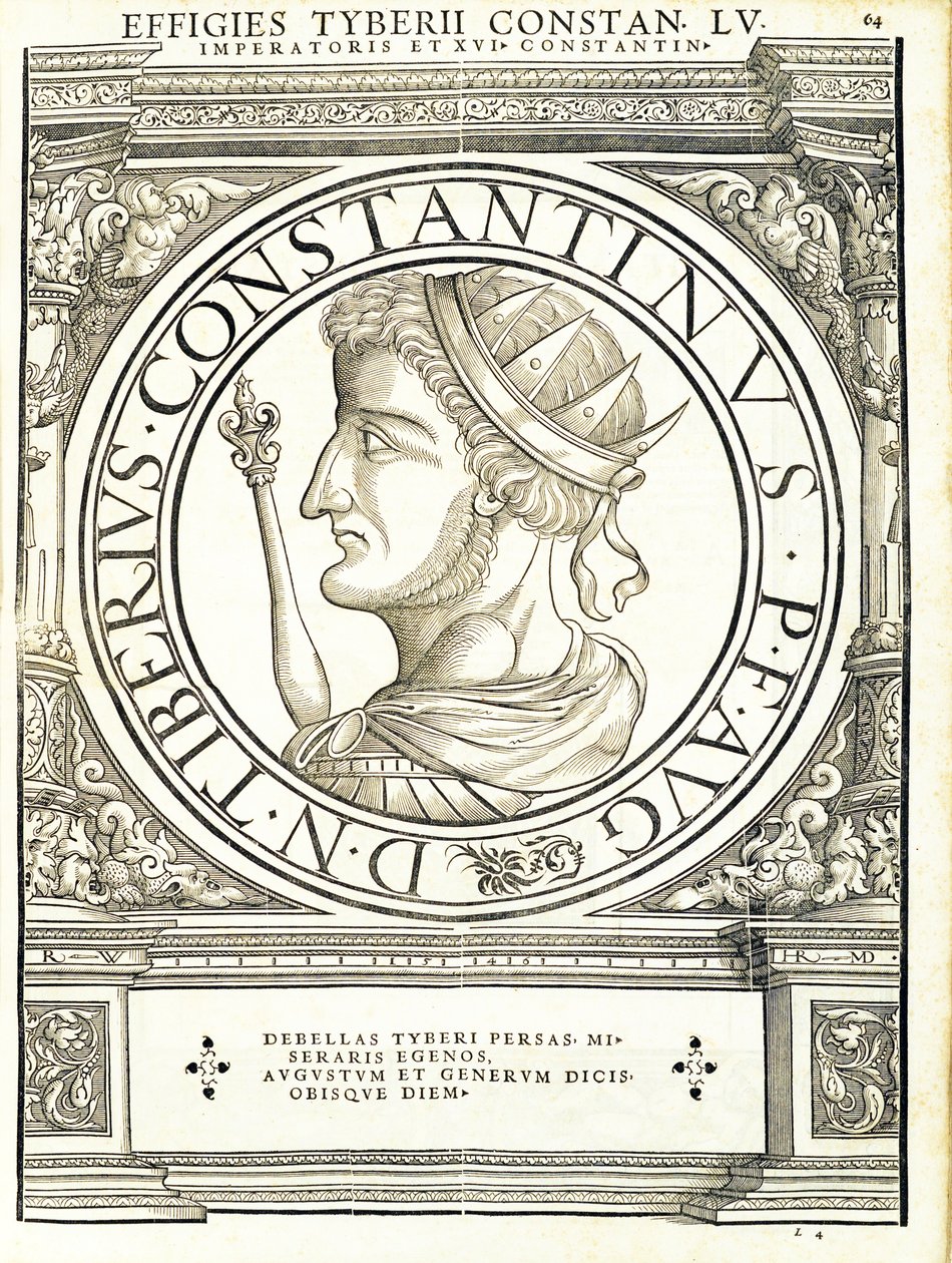 Tyberius Constantinus, ilustrace od římských císařů celého Východu a Západu, obrázky nejstarších mincí, dřevoryt Rudolpha Wyssenbacha, tisk Andreas Gesner, od Hans Rudolf Manuel Deutsch