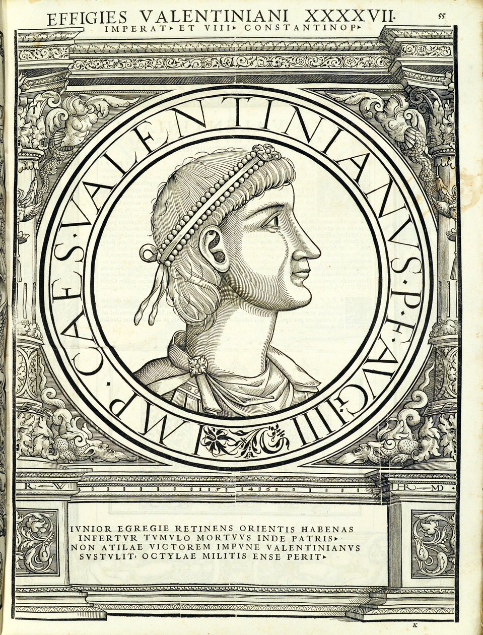 Valentinian III., ilustrace z nejautentičtějších obrazů starověkých římských císařů Východu a Západu, dřevoryt Rudolpha Wyssenbacha, tisk Andreas Gesner, Zur od Hans Rudolf Manuel Deutsch