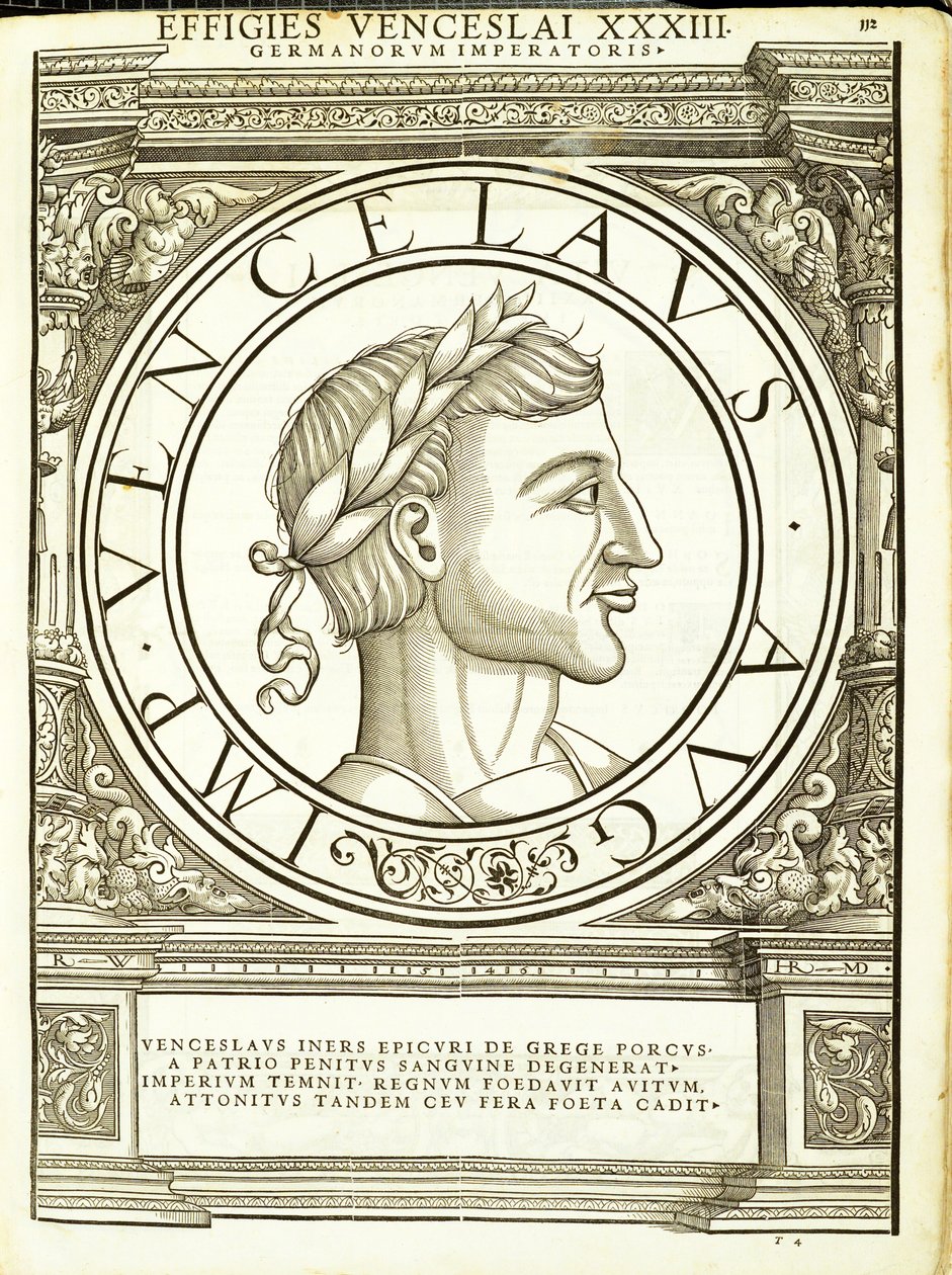 Vuenzeslaus, ilustrace z „Římští císaři všech východořímských a západořímských císařů s obrázky nejstarších mincí“, dřevoryt Rudolpha Wyssenbacha, tisk Andreas Gesner, Curych od Hans Rudolf Manuel Deutsch