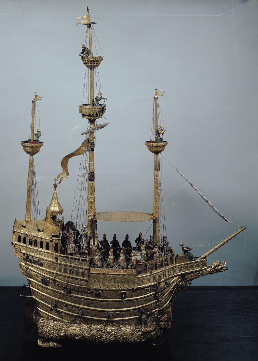 Automatické hodiny Charles V ve tvaru nef, c.1580 (mosaz a smalt) od Hans Schlottheim